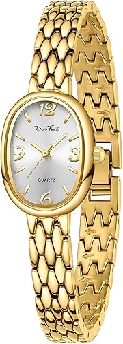 Diaofendi Petite Vintage Oval Gold Reloj para mujer, resistente al agua, elegante, con movimiento de cuarzo japonés, correa ajustable con herramienta