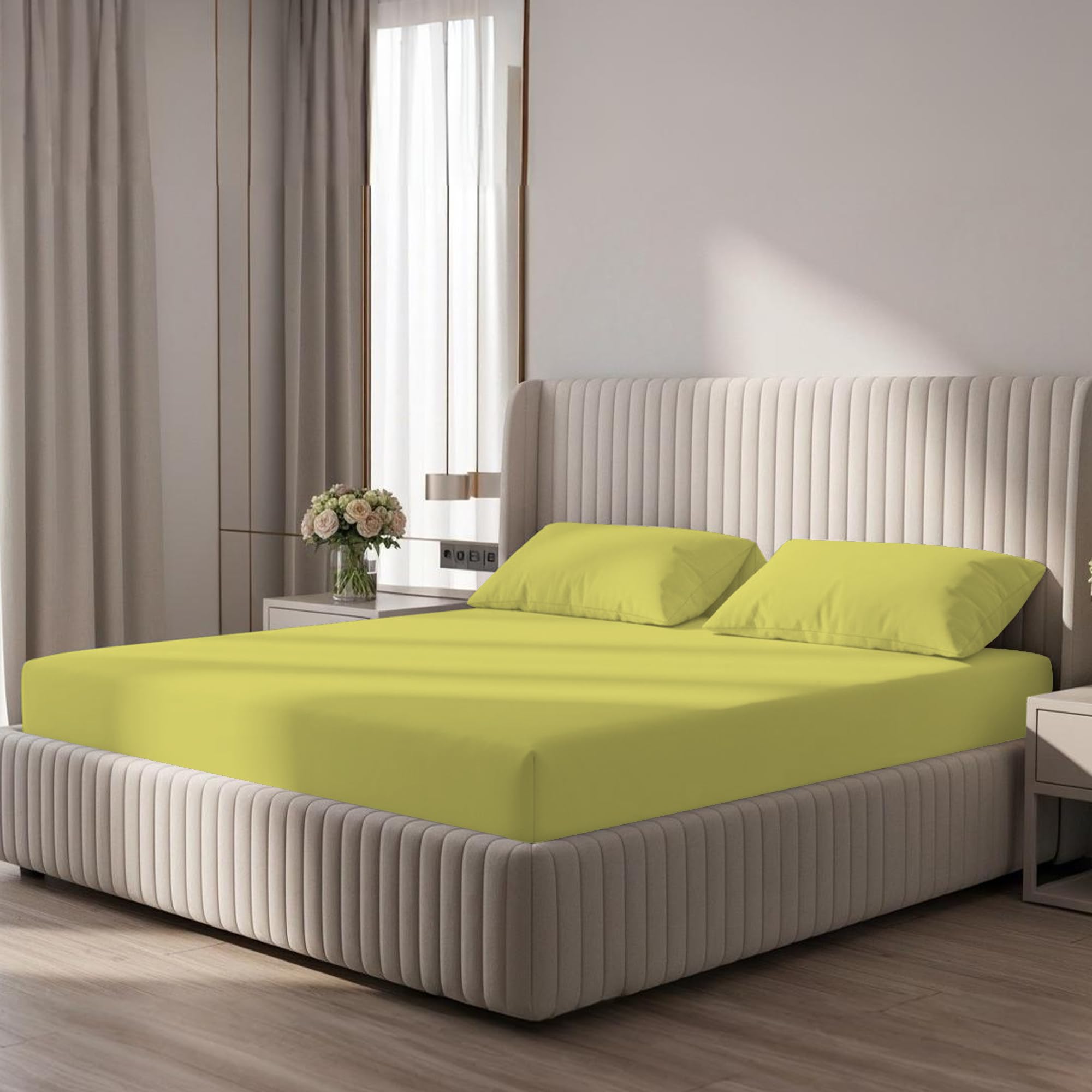 Bloombedding Yellow 100% Egyptian Cotton 400Tc 3Pc Single Fitted Sheet Set, 25Cm Deep Pocket