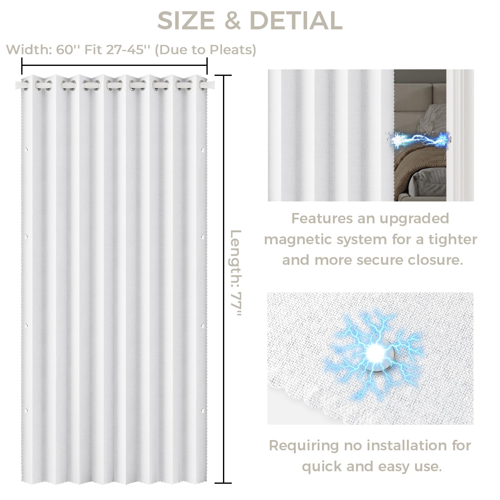 Rideau de Porte Accordéon Occultant Magnétique - Rideau de Séparation de Pièce Pliable avec Tringle Télescopique Incluse - pour Dressing, Cuisine et Porte Intérieure, Blanc