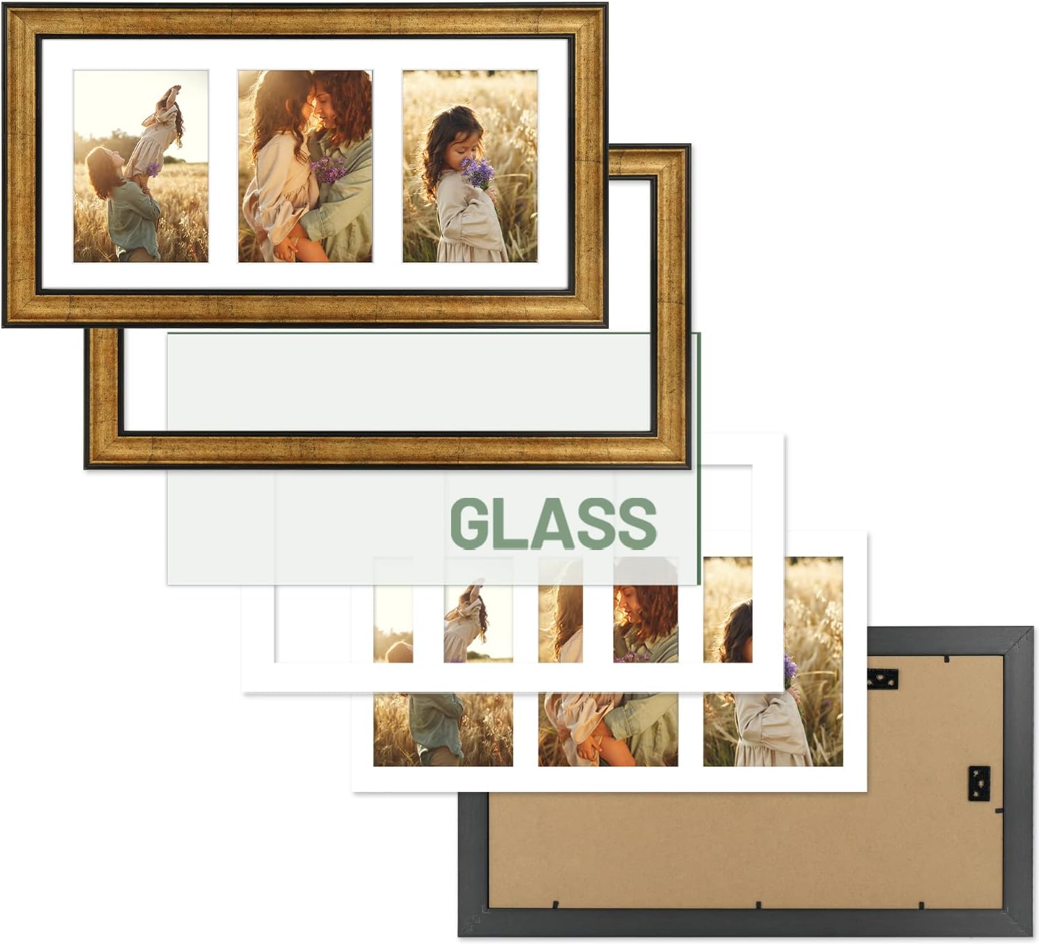 Frametory, 9x18 Picture Frame - for Three 5x7 Photos, Three Opening White Mat - Wall Display - Great for Wedding, Graduation, Engagement Photographs - Antique Gold