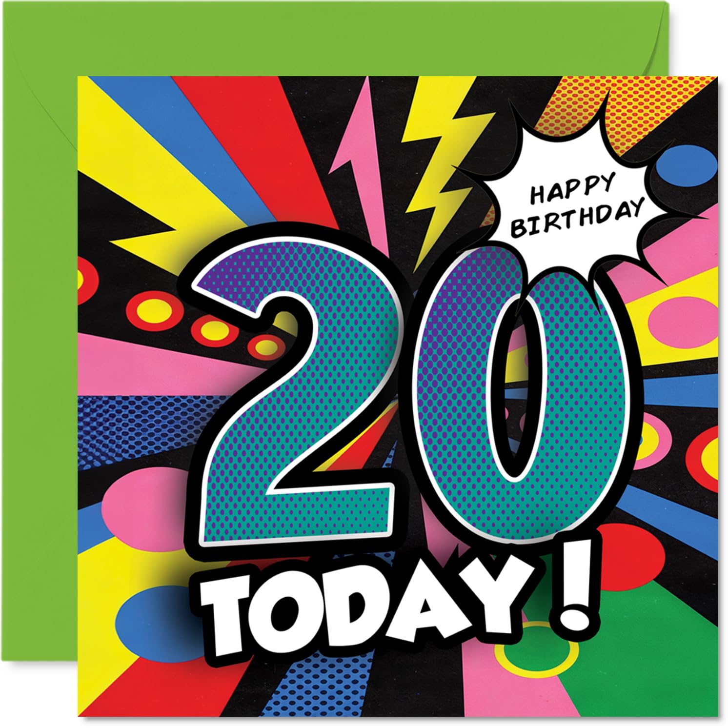 Celebratory 20th Birthday Card - Big 2-0 Energy - Bold Comic-style Design with Vibrant Colours - Bursting with Party Vibes - 145mm Square, Envelope Included