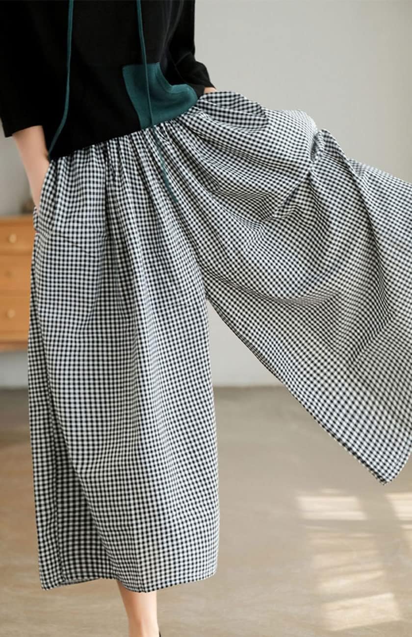 Women's Cotton Linen Wide Leg Culottes Pants Elastic Waist Plaid Gingham Capri Palazzo Pants - Image 3