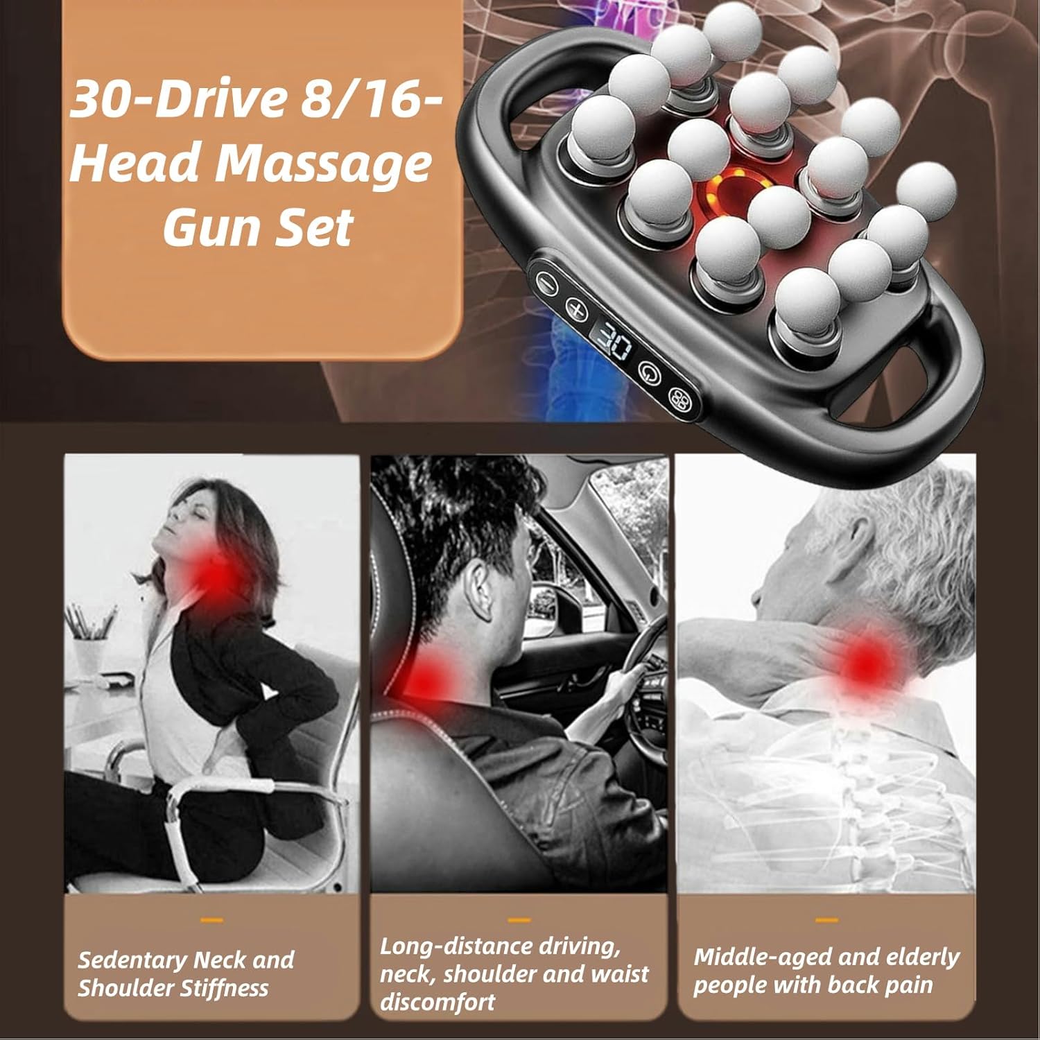 16-Drive 8-Head Massage Gun Set,Massage Gun with 16 Attachments & Red Light Therapy - Quiet 8-Speed Muscle Massager for Back,Legs,Full Body Pain Relief,Recovery and Relaxation (Black-12)