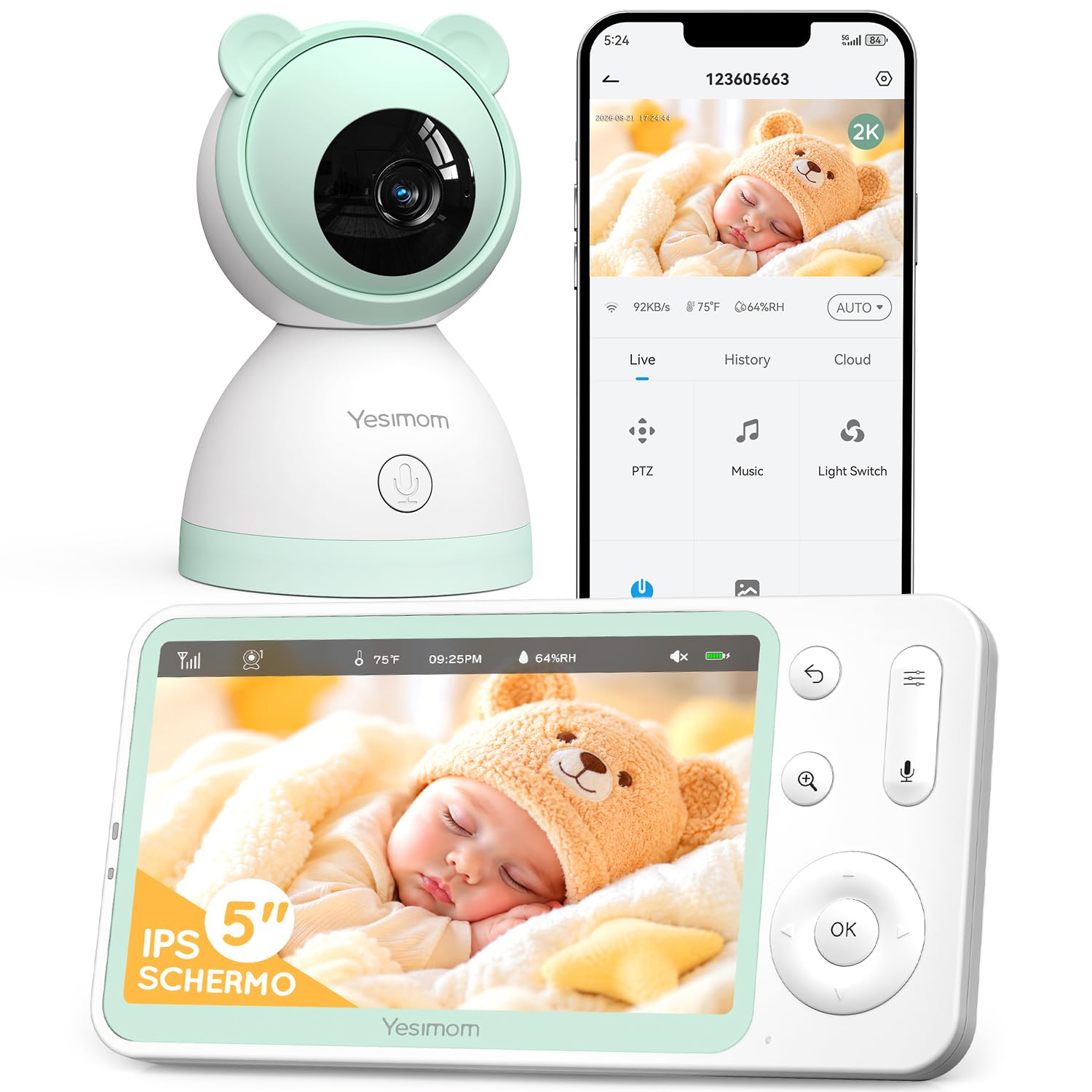 YESIMOM Baby Monitor WiFi 2K/3MP con Schermo 5″ e App, Wi-Fi 2,4/5 GHz | Telecamera Bambini con Monitor, 355°PTZ, VOX e visione notturna, auto-tracking, monitor senza WiFi a casa, app da remoto