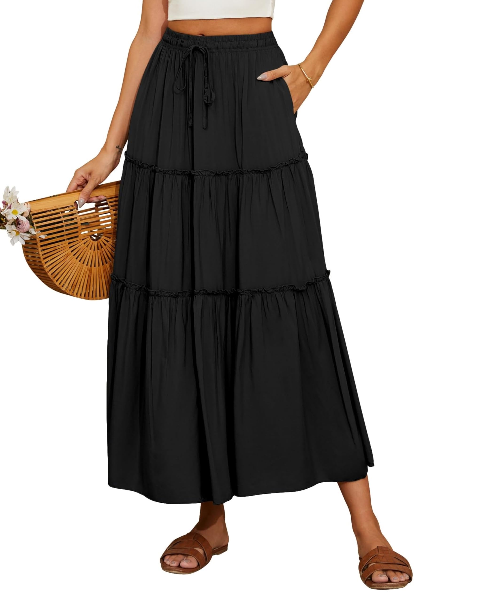 Timuspo Maxirok voor dames, lang, elegant, boho, casual, midi-rok, A-lijn, effen, zomerrok, rok met zakken, elastische hoge taille, strandrok, vrijetijdsrok, Kleurrijk, M