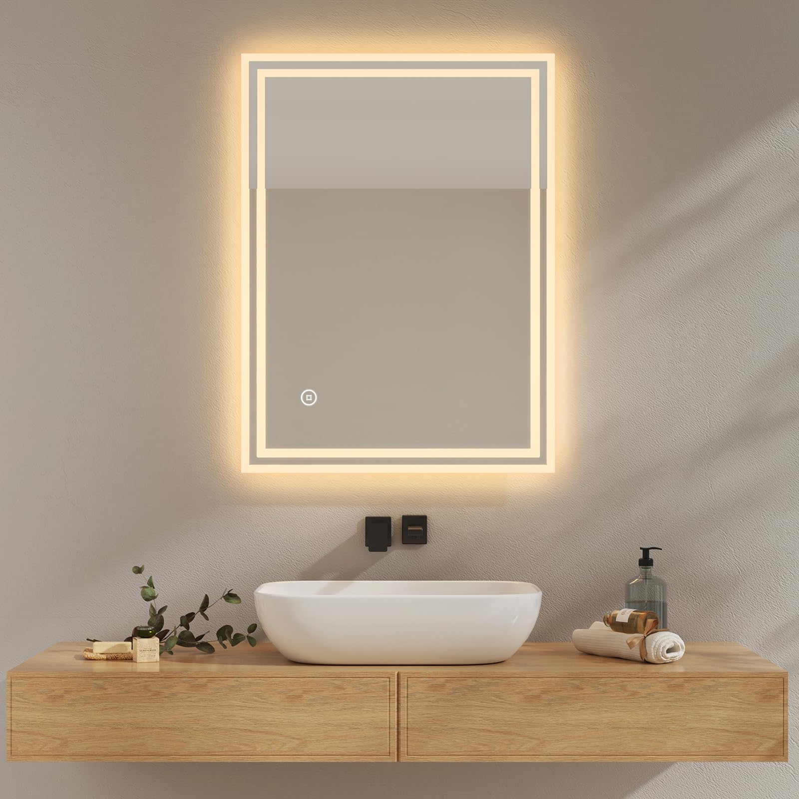 EMKE Espejo de baño con iluminación 80 x 60 cm, Espejo LED, 3 Colores de luz Regulable (luz Blanca cálida/fría/Neutral), función antivaho, Interruptor táctil, Espejo de Pared