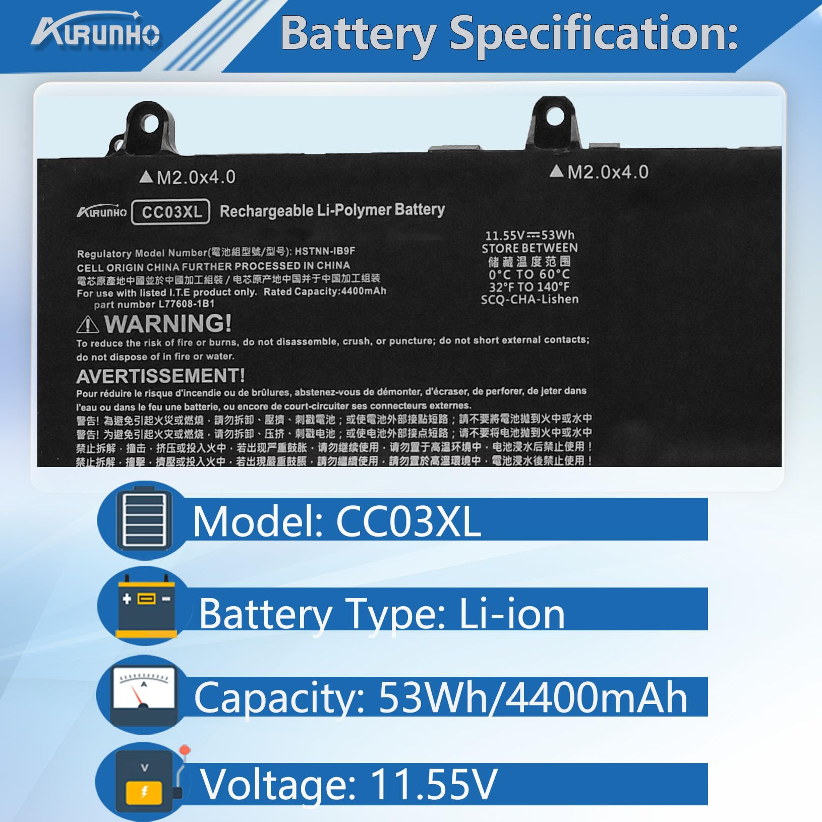 Amazon.com: AURUNHO CC03XL 53Wh Laptop Battery Replacement for HP