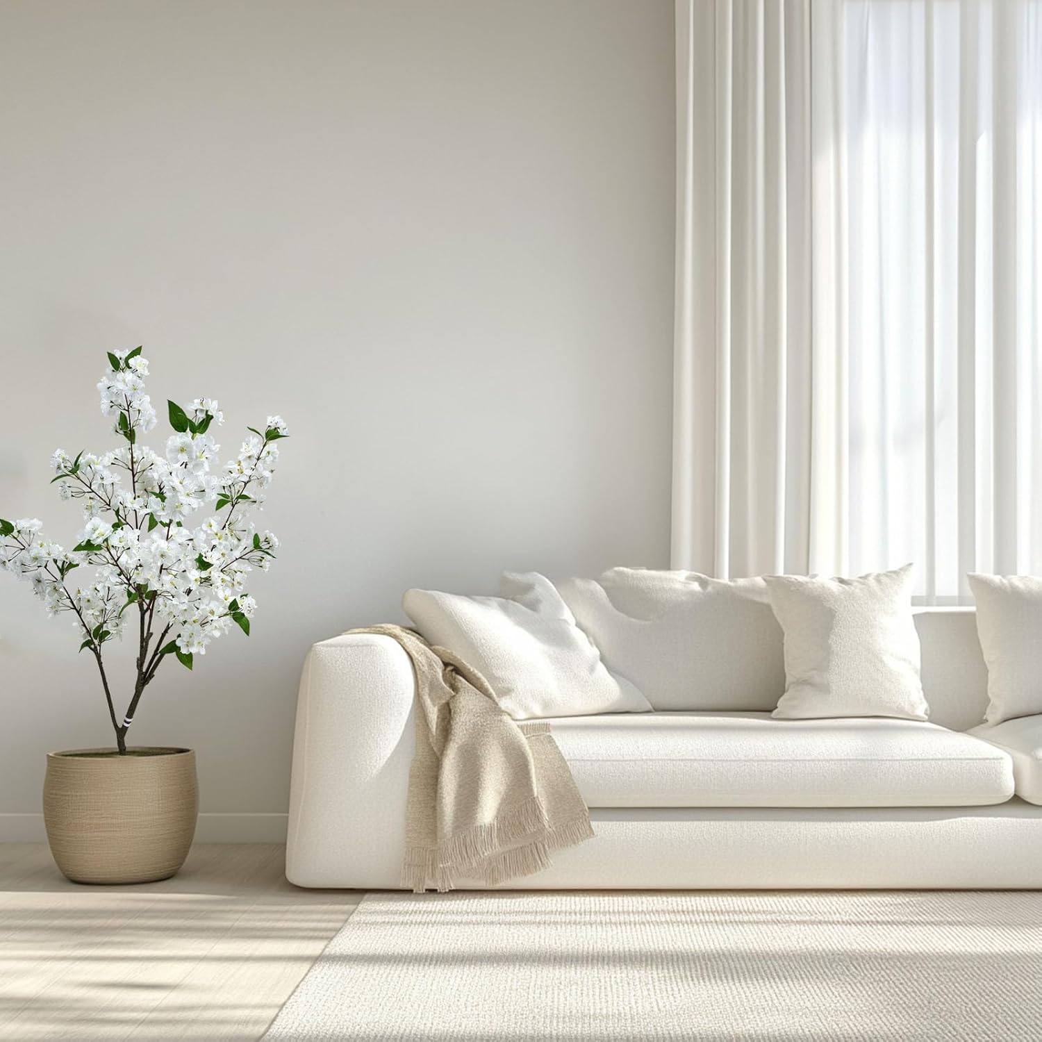 4FT Artificial Crabapple Blossom Tree with Planter - Realistic Faux Flowering Tree for Home Office Decor, White Blooms, Low Maintenance Indoor/Outdoor Plant (1, 4FT)