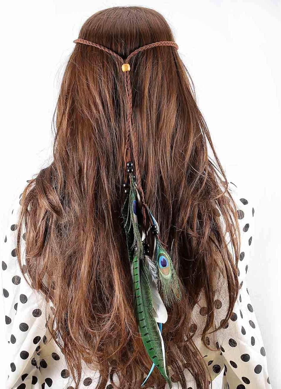 Miniatura 7 de Gangel Hippie Bohemia Plumas Diadema india elegante con plumas de pavo real borla cuerda de cáñamo para festivales mascaradas carnaval traje marrón