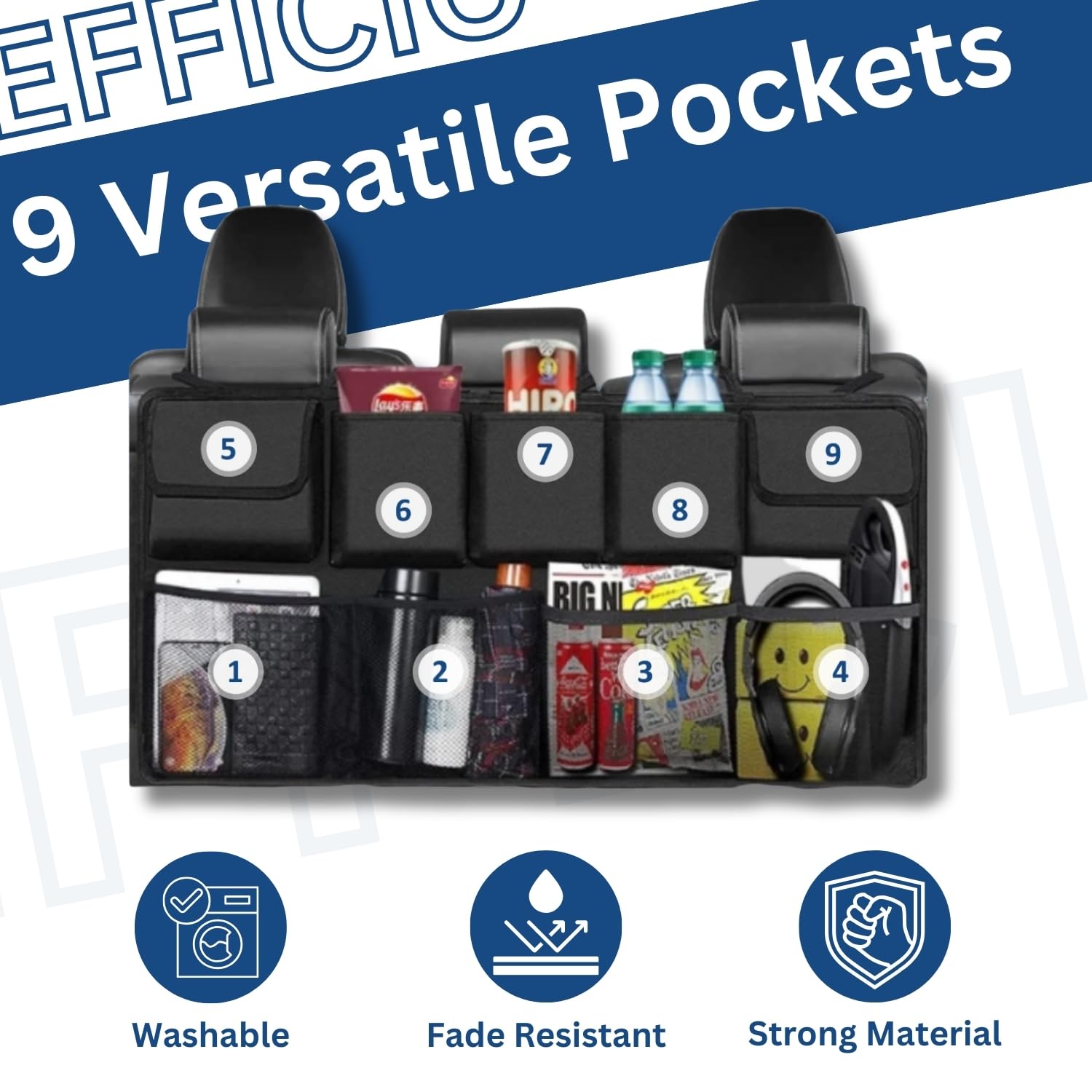 EFFICIO Backseat Car Organizer – 9-Pocket Trunk Storage for Sedans & SUVs, Closed, Open & Mesh Pockets, XL Black