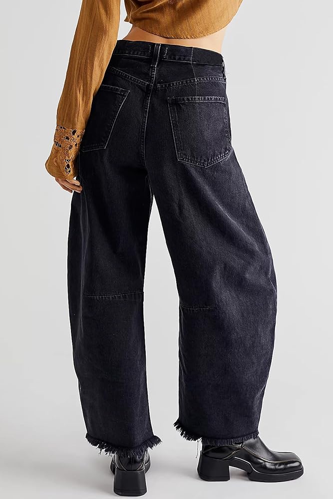 HOTIAN Womens Barrel Jeans Wide Leg Mid Waist Horseshoe