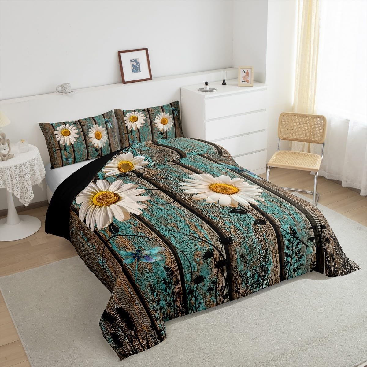 Daisy Dragonfly Comforter Set Queen Size Rustic Wooden Flower Dragonflies Bedding Set Retro Country Farmhouse Barn Door Comforter Spring Nature Floral Botanical Bedding Quilt with 2 Pillow Cases