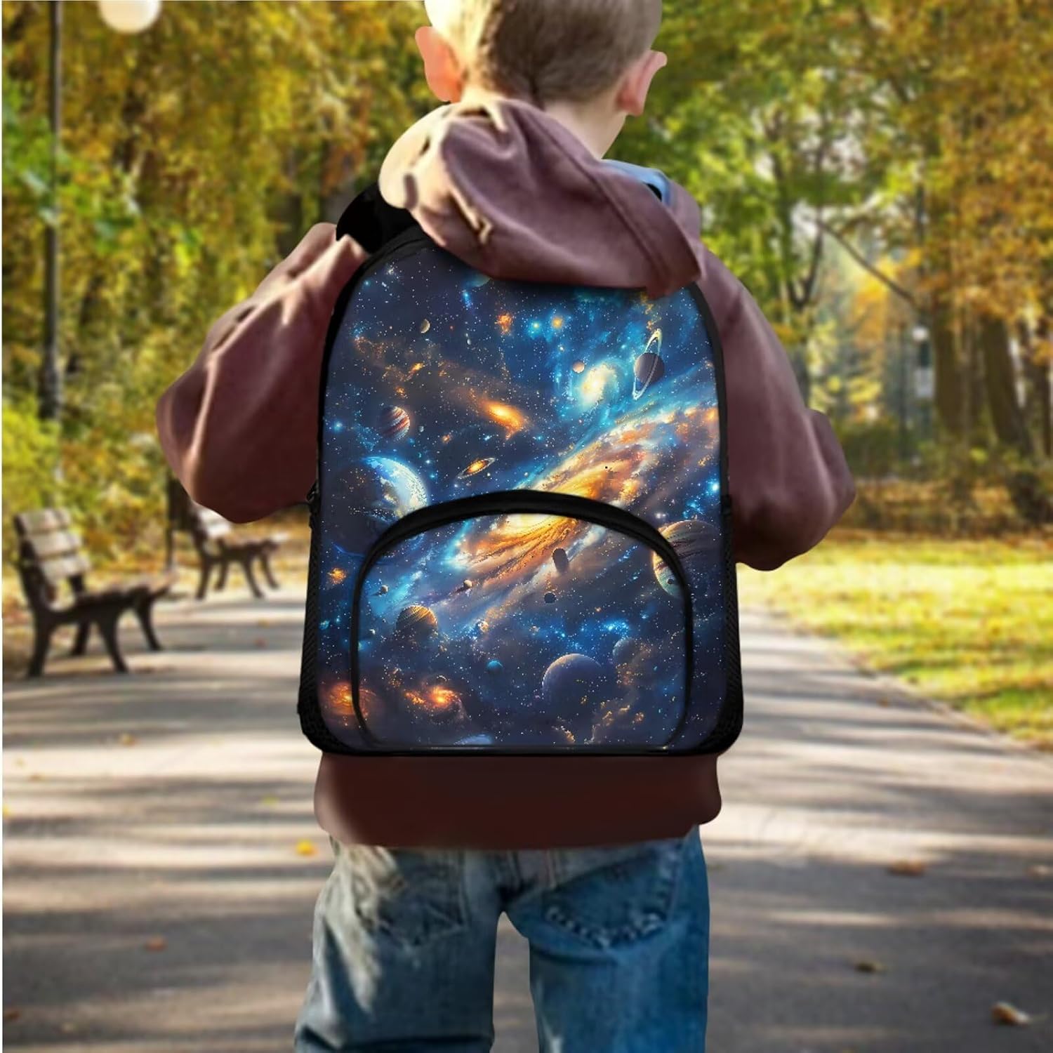 Galaxy Sapace Backpack for Boys Kids Backpack with Lunch Box and Zipper Pencil Case 3Pcs Set 12" Lightweight Bookbag with Front Pocket Sturdy School Bag with Side Pockets for Toddler Girls