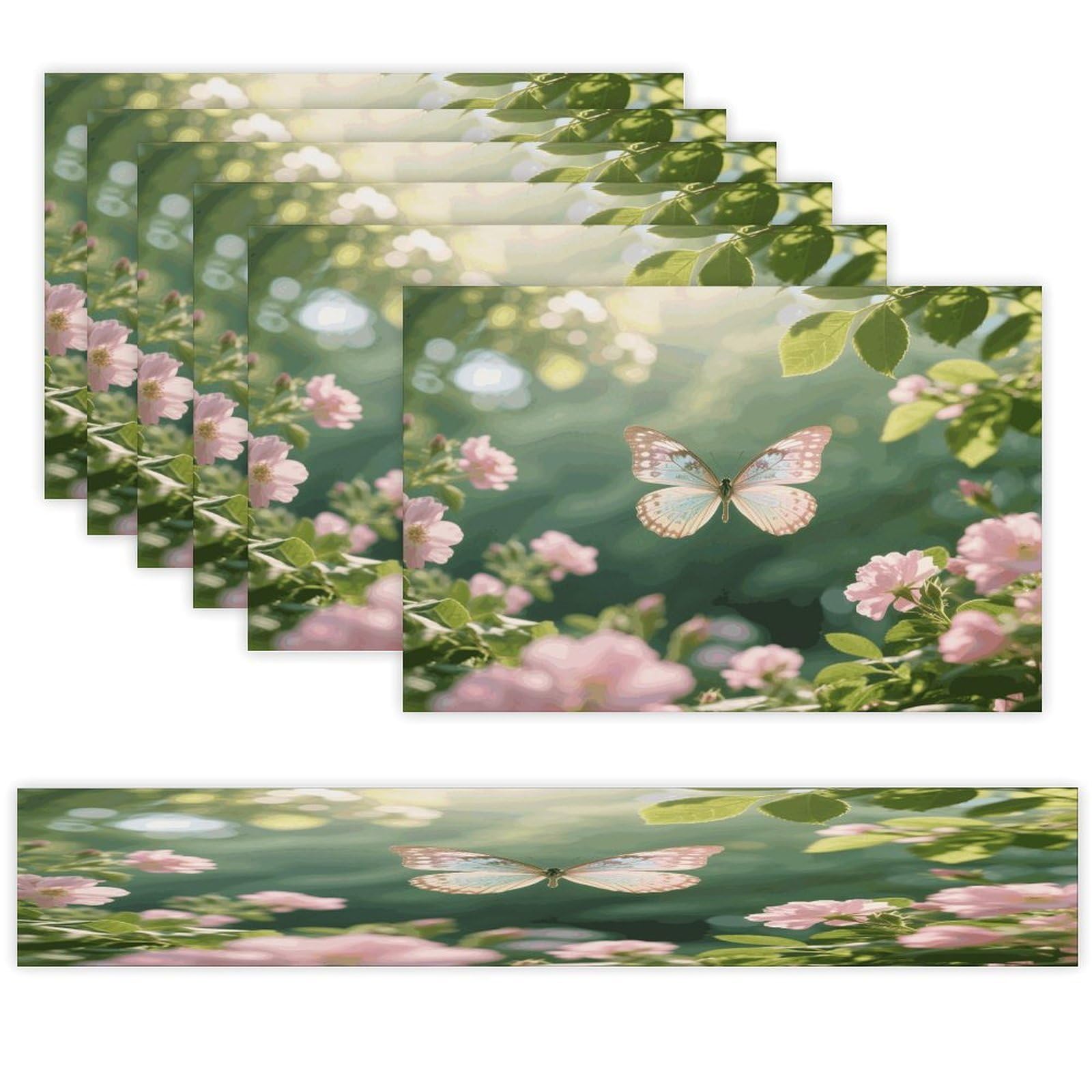 Butterflies Dancing Table Runner and Placemats Set of 7 Linen Table Mat Non-Slip Place Mats Washable Placemat Heat Resistant Place Mat with Table Runner for Party Dining Decor