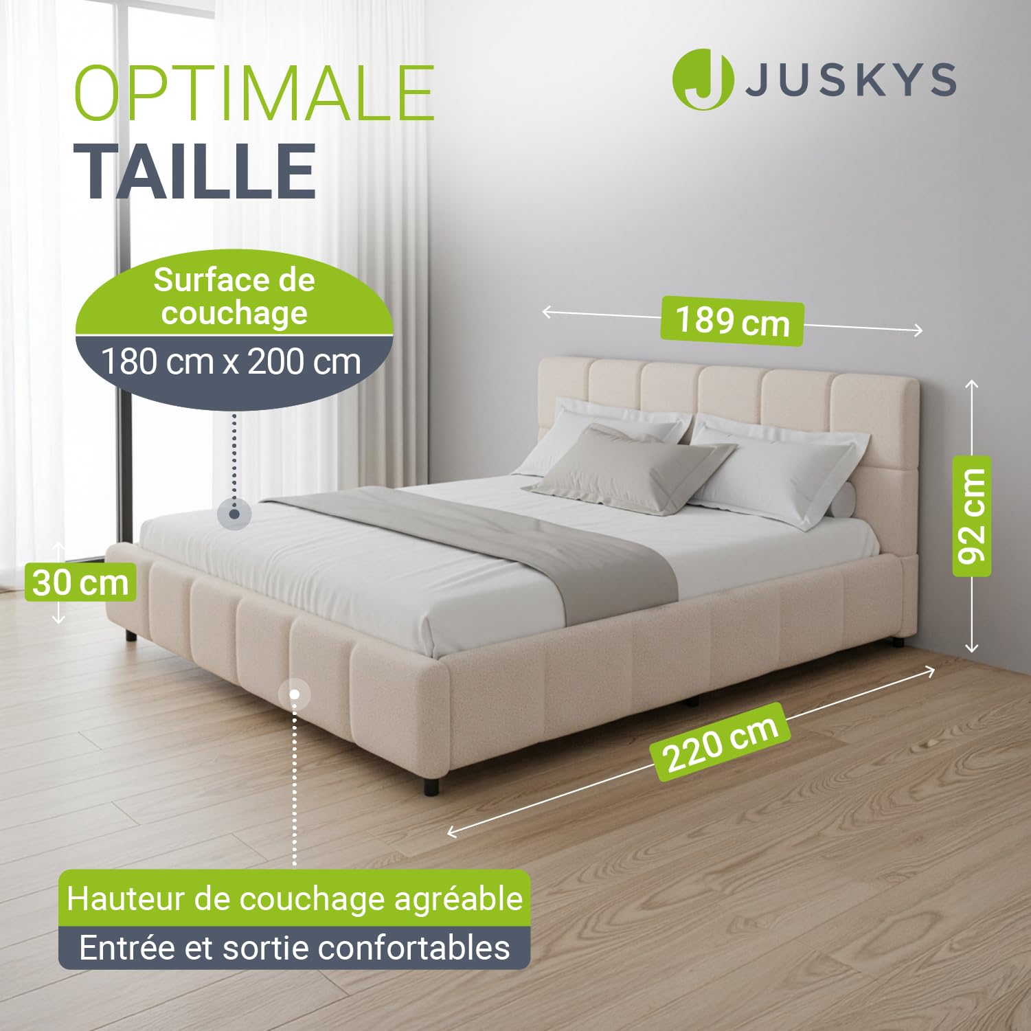 Juskys lit capitonné Florenz 180 x 200 cm – en Tissu bouclé, lit Moderne avec tête & Pied, Cadre en Bois & métal, sommier à Lattes, capacité 500 kg – Beige