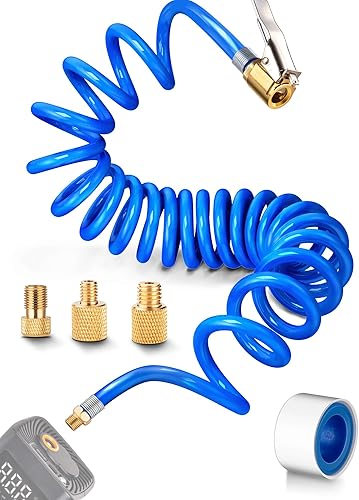 Portabrocas de latón con manguera de aire de retroceso de poliuretano de 9.8 pies, adaptador de manguera de inflador de neumáticos con adaptador de