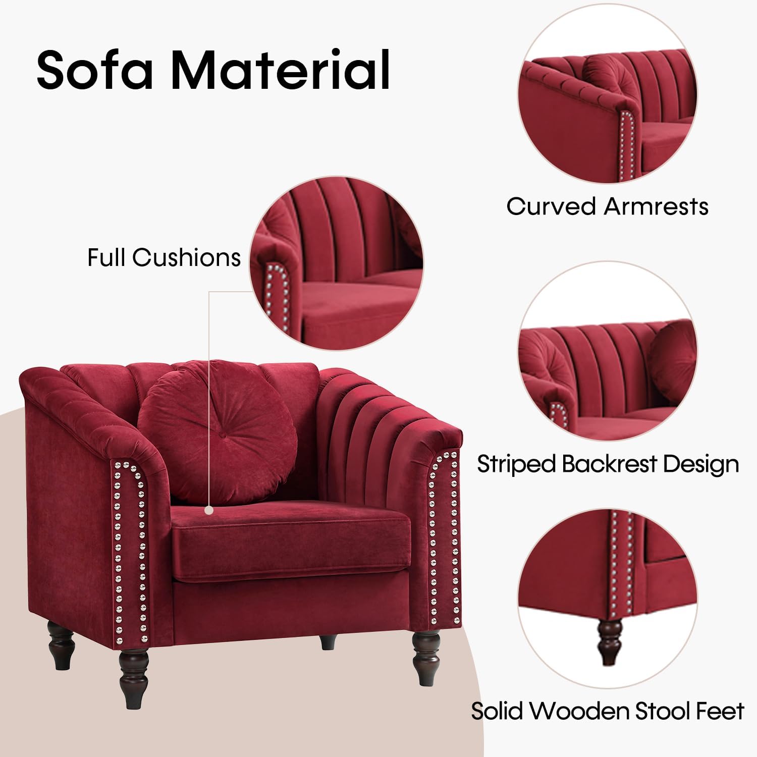 Velvet Sofa Sets Couch Sets for Living Room 62'' Comfy Seat, Modern Chair with Rivets Perfect for Living Room/Apaetment/Bedroom(Red, Chair 1-Piece)