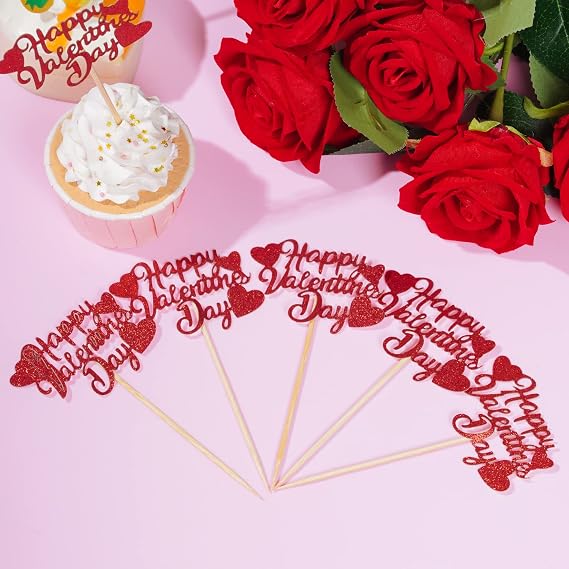 36Pcs Happy Valentine's Day Cupcake Toppers Red Glitter Heart Cupcake Picks Valentine Theme Birthday Cake Decorations Party Supplies