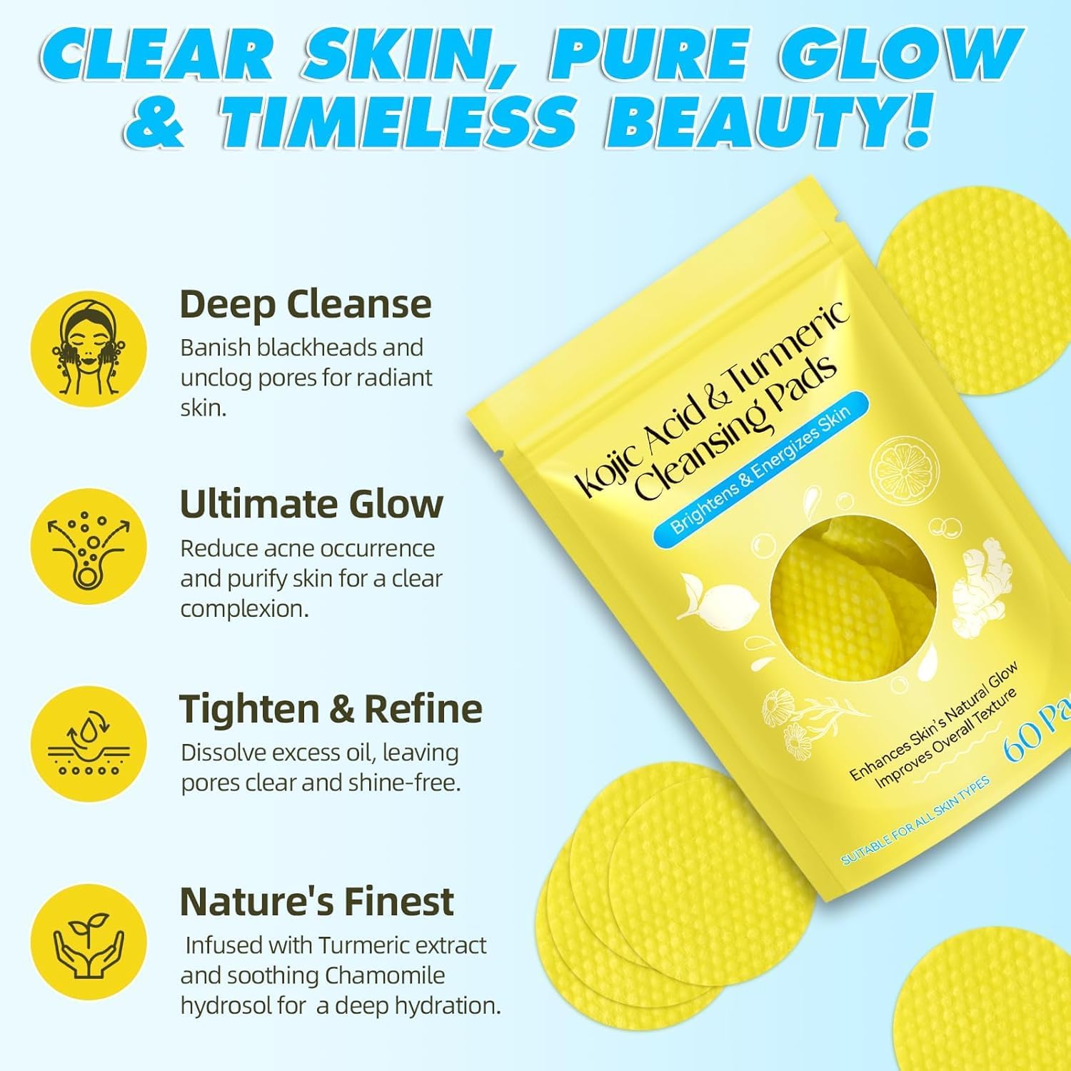 Xeerabdi Brightening Kojic Acid Turmeric Pads/Face Exfoliating & Toning Pads for Acne Scars, Sun Damage, Uneven Skin Tone / 60 3