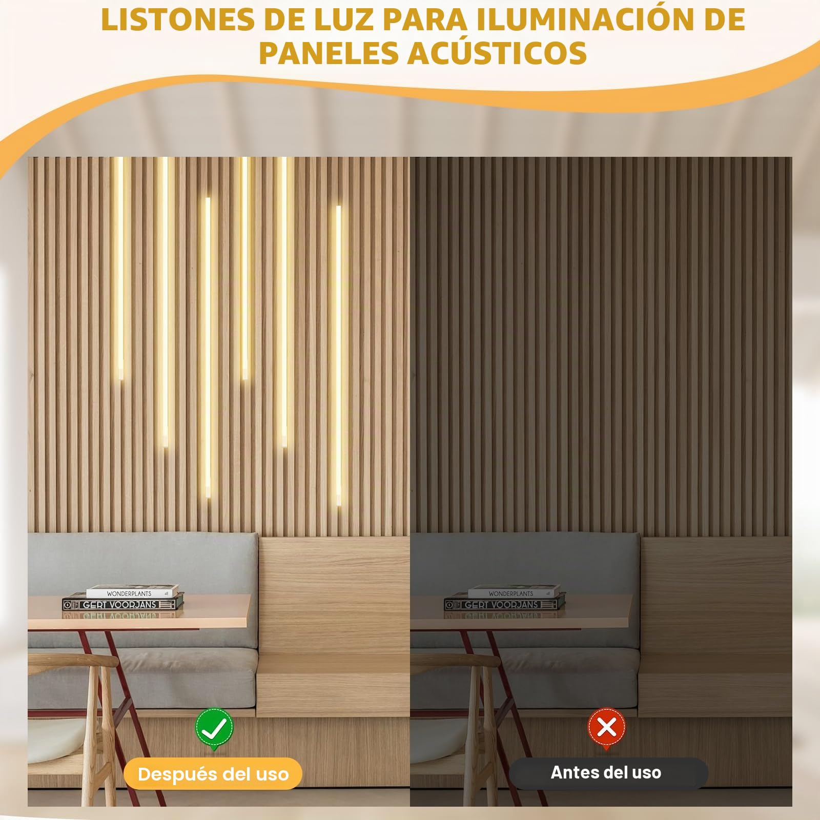 WMLBK LED para paneles acústicos, tira de LED regulable de 6 x 90 cm, blanco cálido, tira LED con sensor táctil, 12 x 12 mm, accesorios integrados, paneles acústicos
