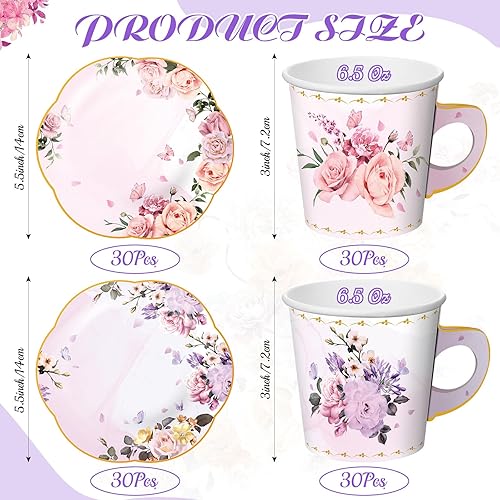Miniatura 2 de Umigy 60 juegos de decoraciones de fiesta de té, tazas de té de papel floral de 6.5 onzas con asa y platos, juegos de tazas de té y platillos