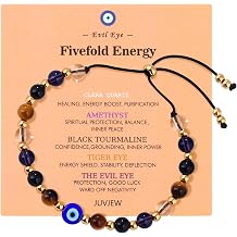Cute Evil Eye Bracelet Red Black - Natural Crystal Protection Adjustable Spiritual Guardian Jewelry- 5 Healing Stones Clear Quartz Amethyst Black Tourmaline Tiger Eye Bracelet Adjustable