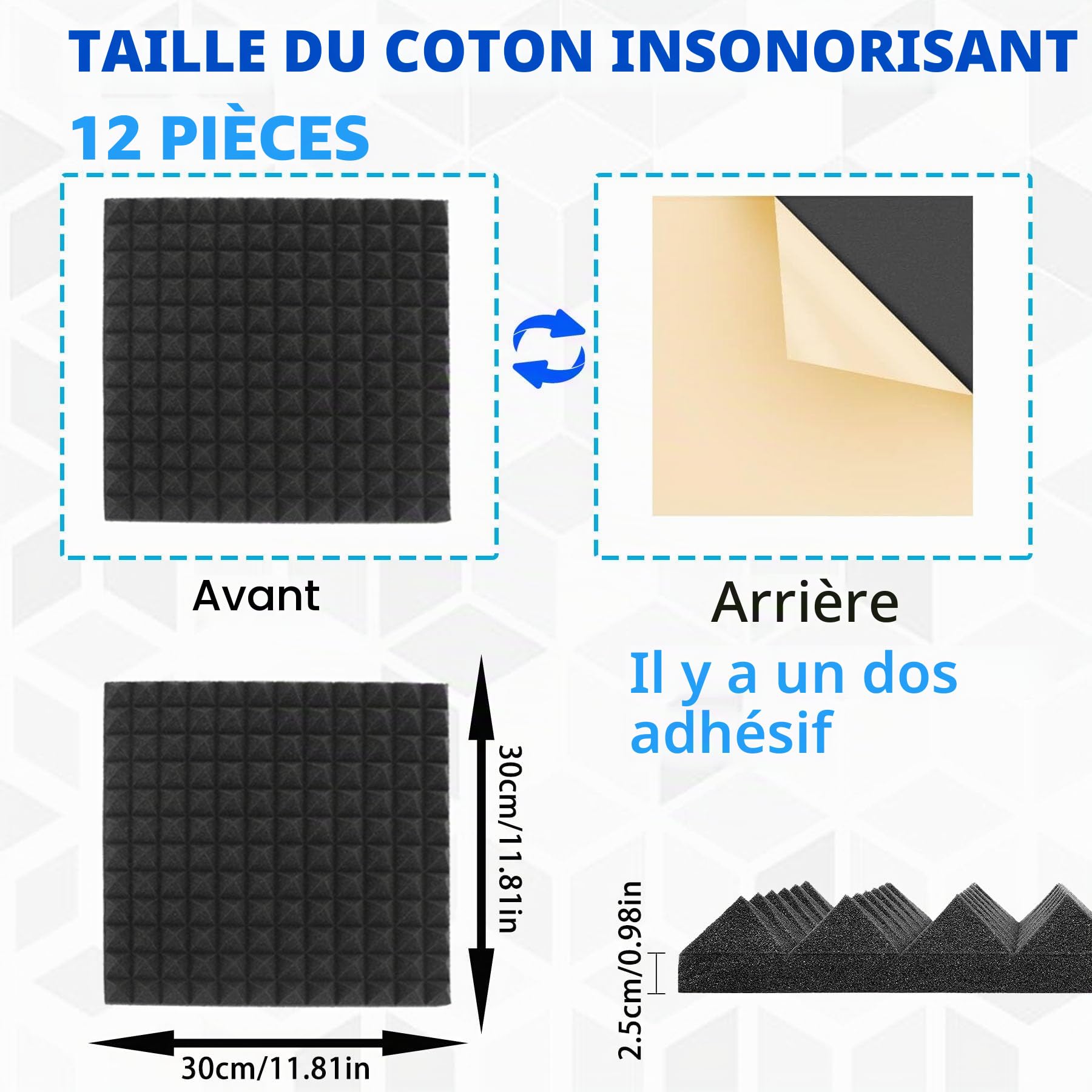 Lot de 12 panneaux acoustiques autocollants en mousse acoustique - Absorbeur acoustique - Mousse alvéolée - Tapis d'insonorisation pyramide - Panneaux acoustiques - Tapis en mousse acoustique