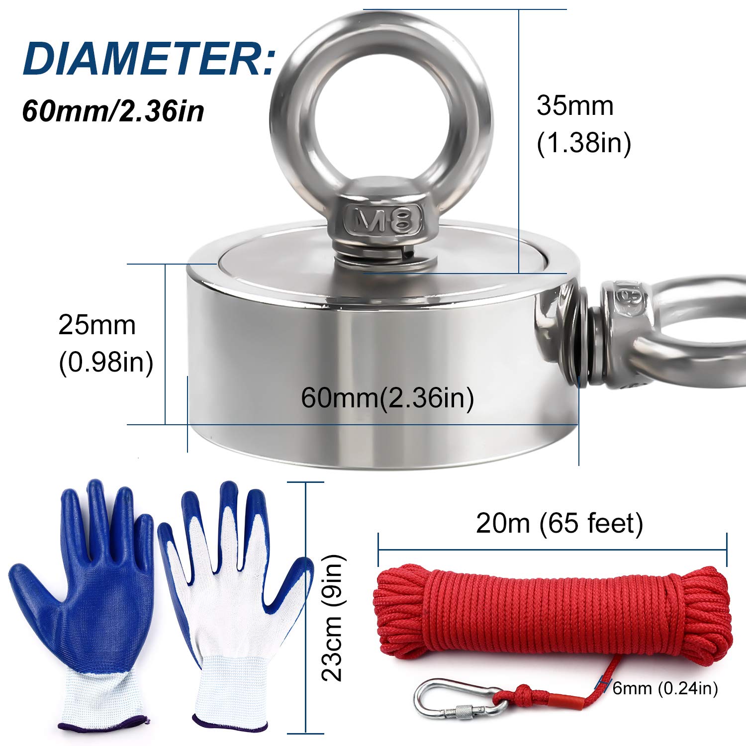 DIYMAG Strong Double Side Neodymium Fishing Magnets,750 lbs(340KG) Pulling Force Rare Earth Magnet with 20m (65 Foot) Durable Rope and Protective Gloves,for Retrieving in River and Magnetic Fish