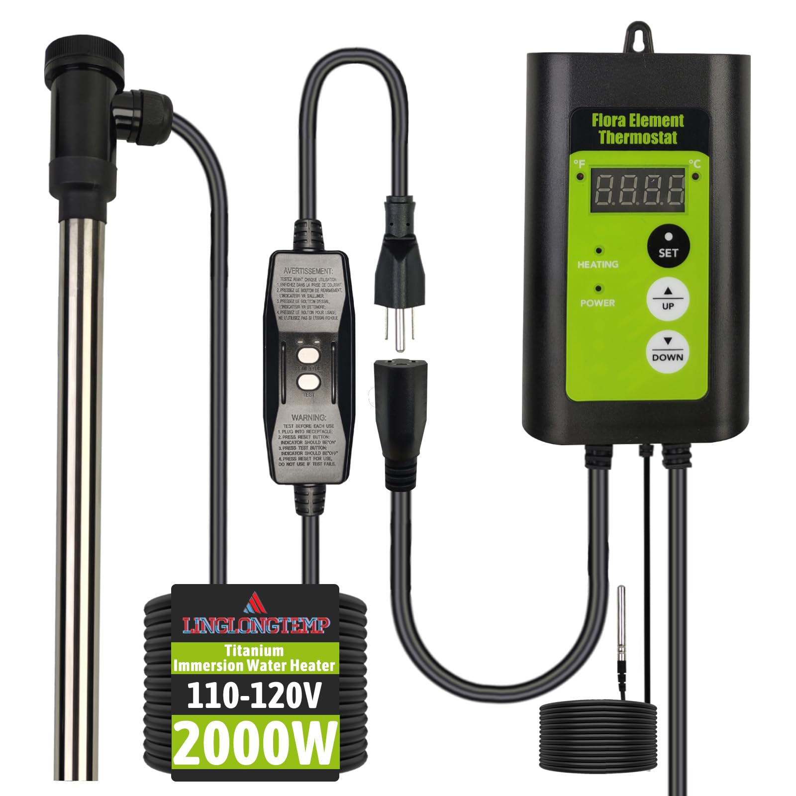 LINGLONGTEMP 2000W Titanium Fully Submersible,Portable Swimming Pool & Hot Tub immersion Water Heater with GFCI, Temperature Control, Anti-Corrosion Sensor for Pools, Bathtubs - Liquids Fast Heating