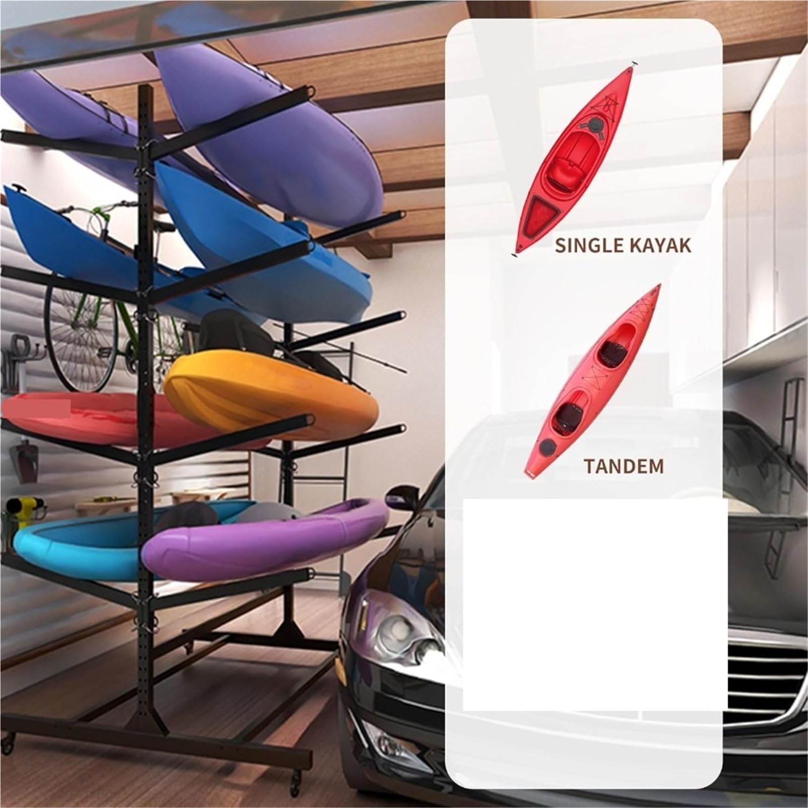 Robuster Kajakträger auf Rollen, freistehender Aufbewahrungsständer, verstellbare Metallhalterung, vertikaler Organizer für Garage und Garten, sichere Halterung für Paddel und Schwimmwesten,
