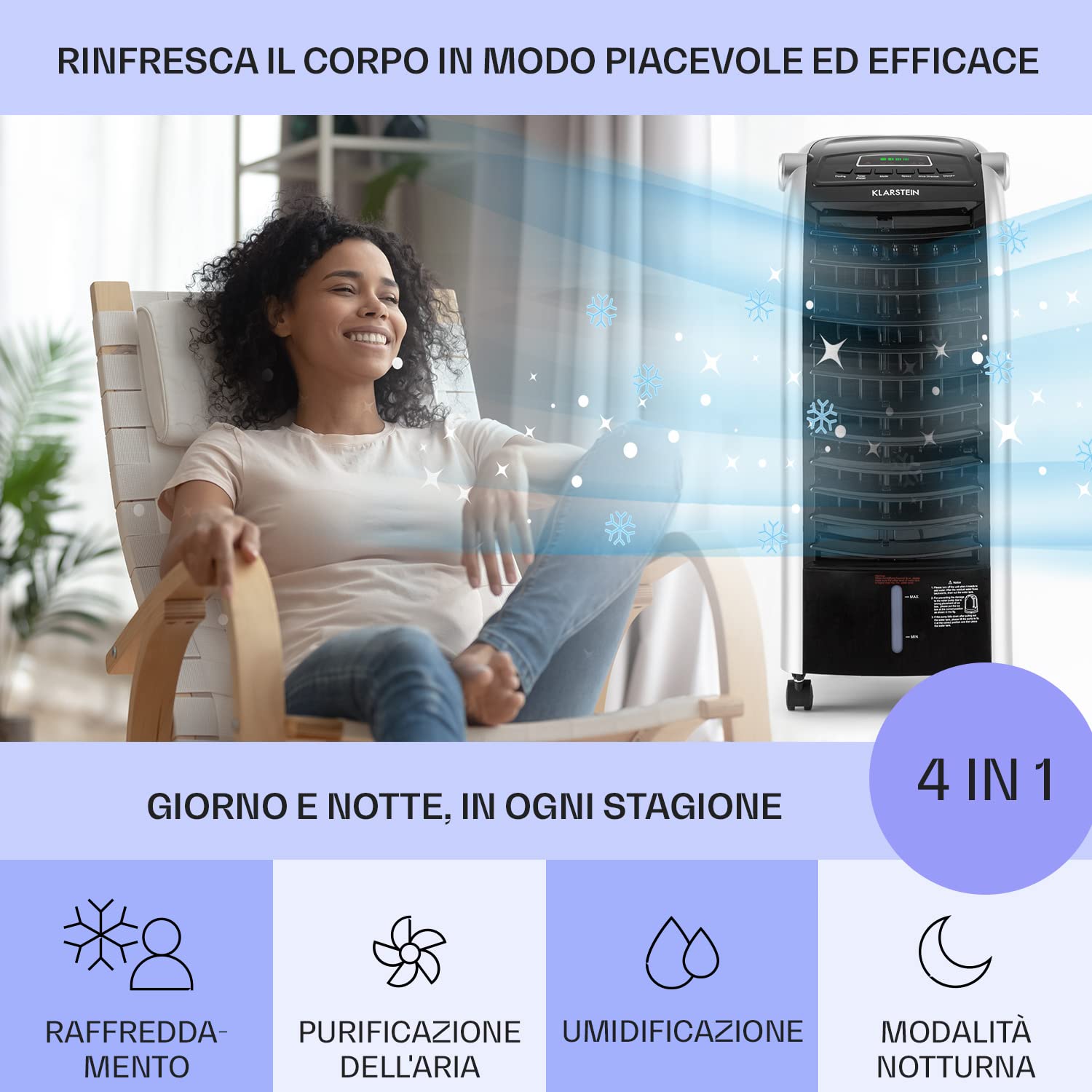 Klarstein Condizionatore Portatile 65W, 4in1, Climatizzatore Portatile, Raffrescatore Aria ad Acqua, Ventilatore, Deumidificatore, Silenzioso con Night Mode, 444m³/h, Serbatoio da 6L, Nero Lucido
