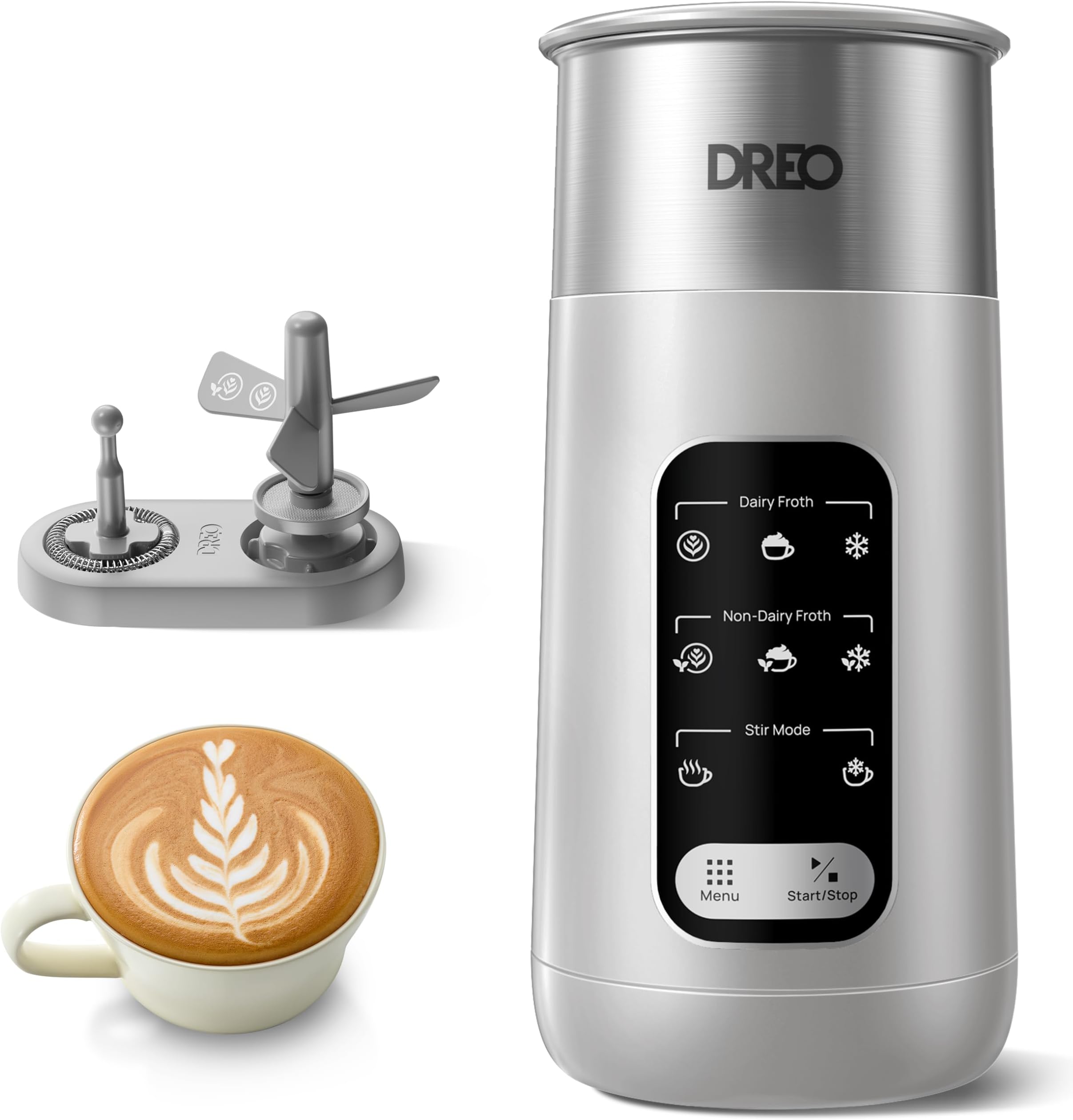 Dreo Milk Frother, 8-in-1 Electric Frother for Latte Art Coffee, 9oz/270ml Hot and Cold Foam Maker, Automatic Milk Warmer for Dairy and Non-Dairy Milk with LED, Anti-Burnt, Easy to Clean, Grey