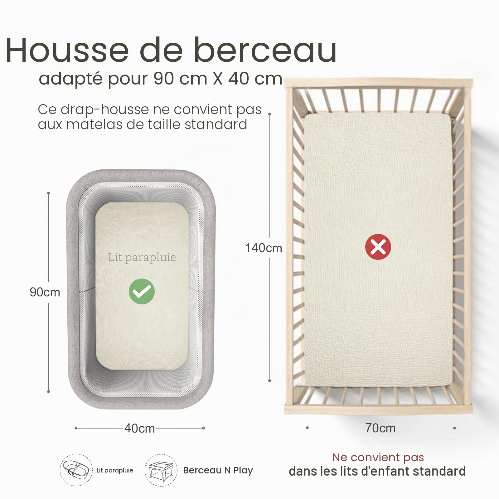 lulumoon Lot de 2 draps Housses en Mousseline de Coton, Drap Housse 90 x 40 cm de Matelas pour lit de bébé, lit de Berceau et lit de couffin(Gris Vert)