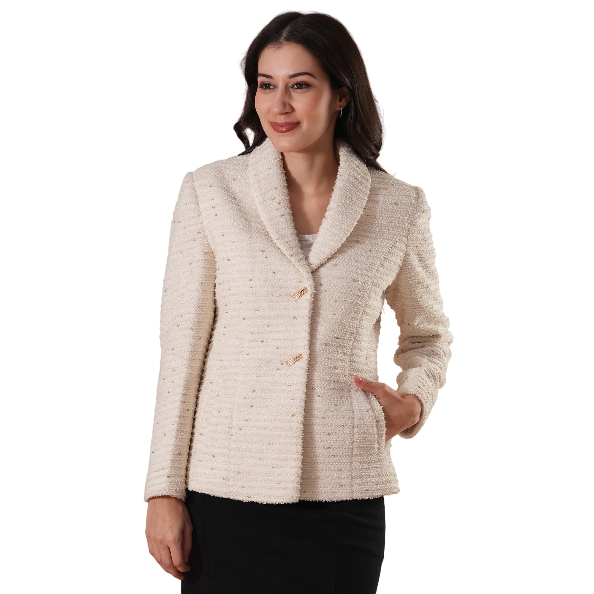 globus Women White Shawl Lapel Long Sleeves Shiny Self Design 2 Pockets Tailored Fit Winter Wear Overcoat-picture-36