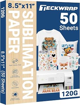 TECKWRAP Sublimation Paper 8.5 x 11 Inches 50 Sheets Compatible with Sublimation Printer and Sublimation Ink 120gsm for Mugs T-Shirts Light Fabric and Other Sublimation Blanks DIY
