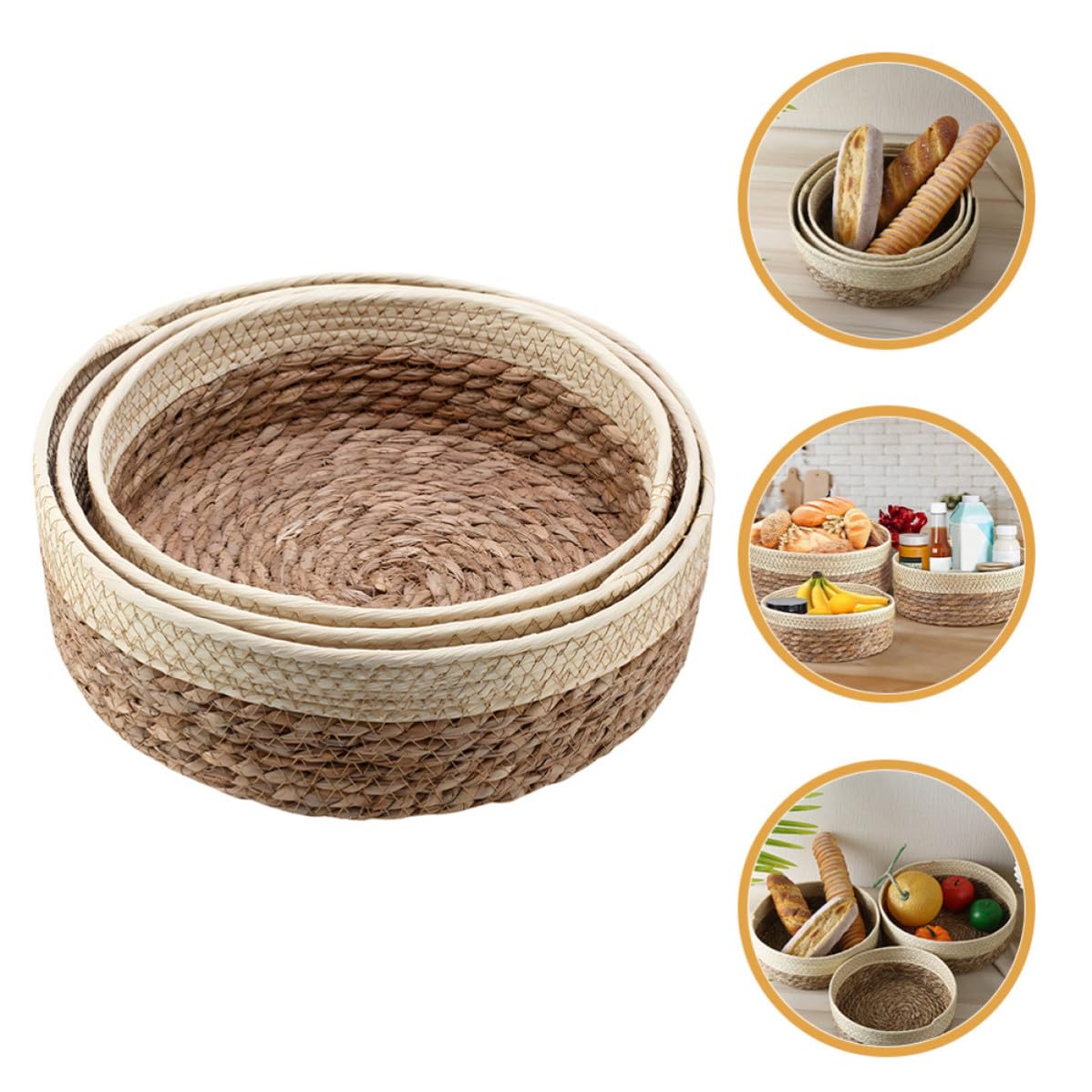 YARNOW Cesta de Almacenamiento Tejida de Escritorio, 3 Piezas, Redonda | Papel y Hierba Trenzados, Estilo Rústico Sencillo, para Cocina, Frutas, Hogar y Picnic al Aire Libre