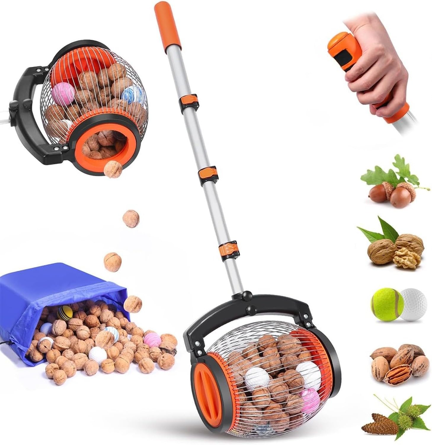 Recogedor de Frutos Secos con Mango telescópico y Cesta metálica