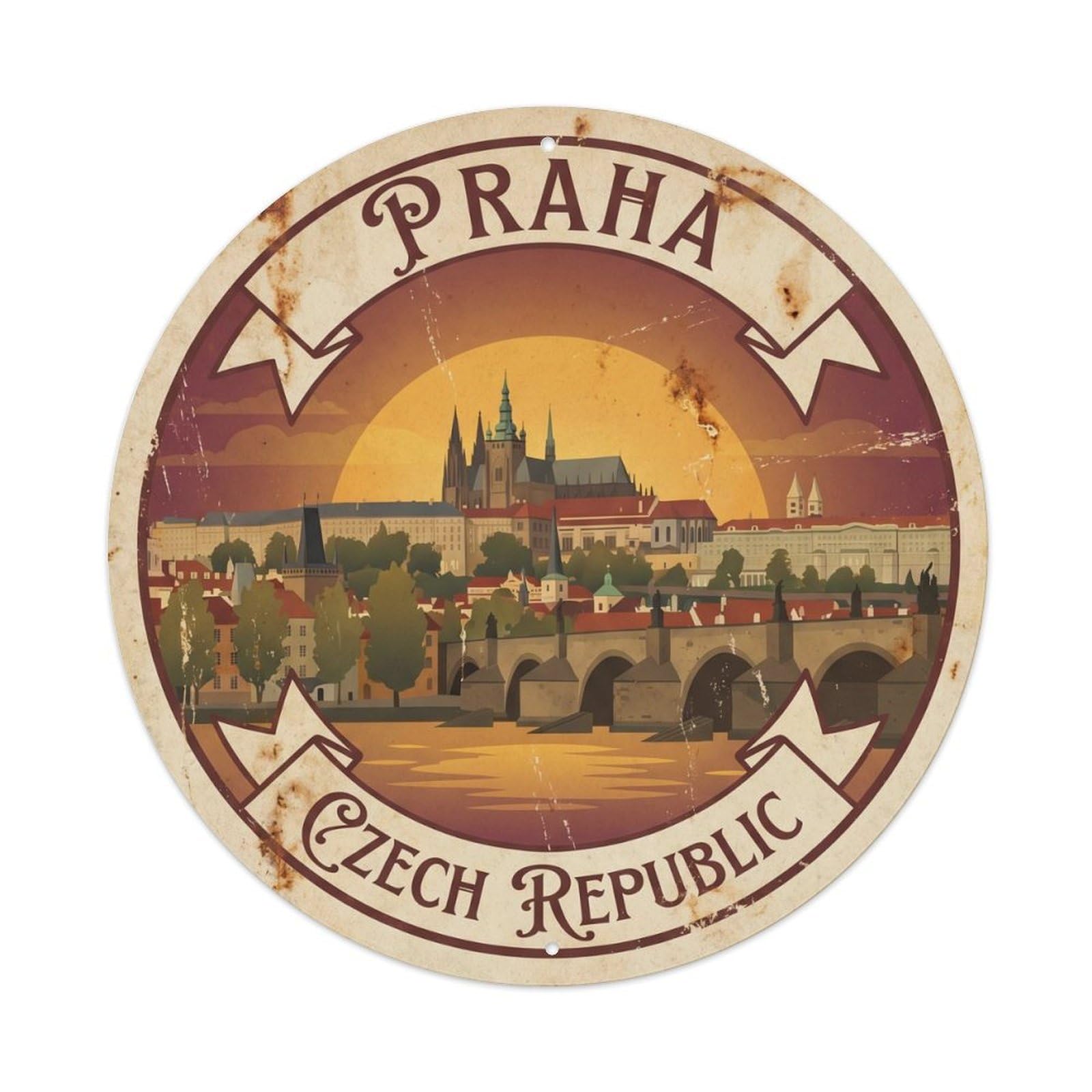 Vintage Travel Prague Castle Bohemia Metal Tin Sign Plaque Wall Decor for Cafe, Club Bar, Office, Home Garden Round Metal Poster 8x8Inch
