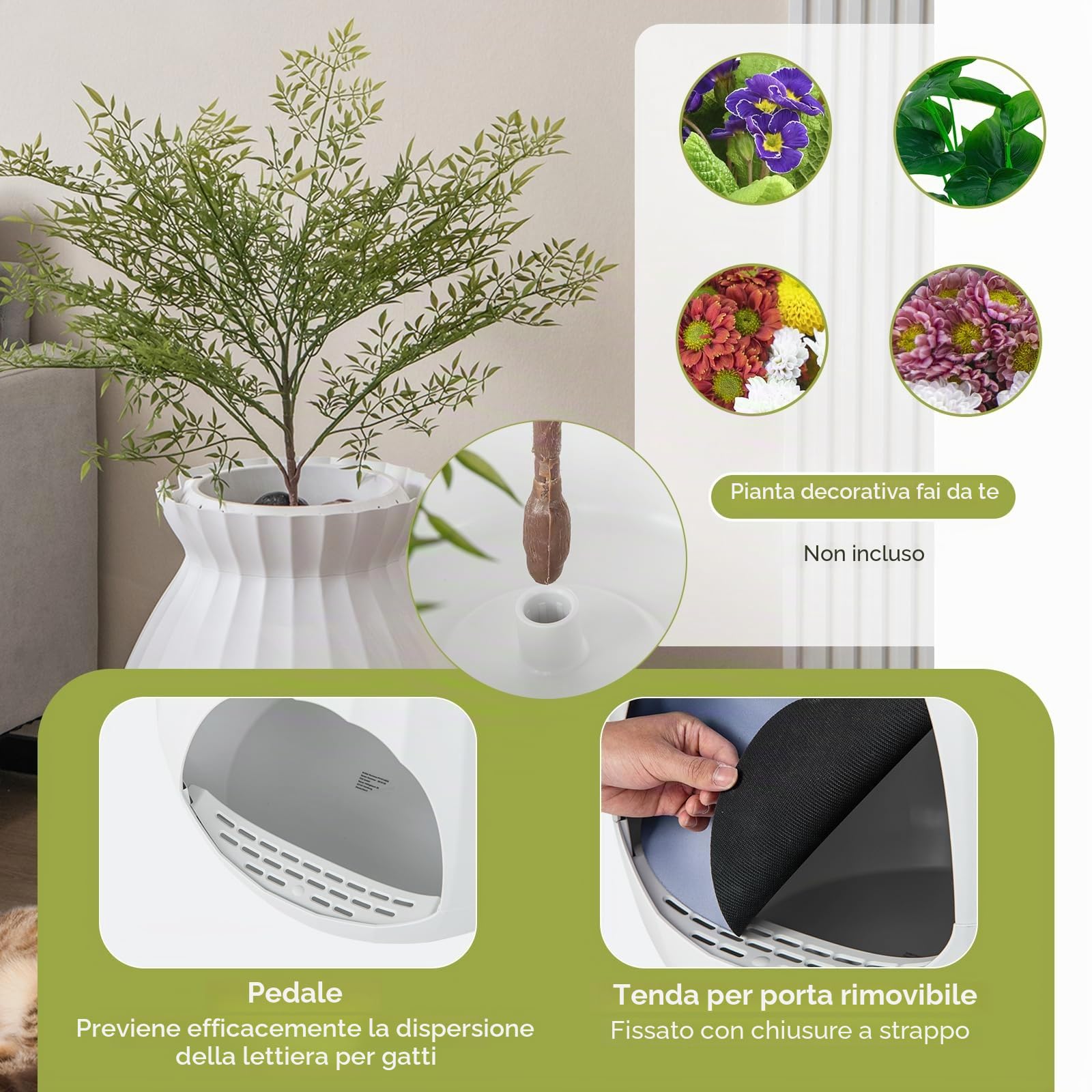 FANTASK Lettiera 2 in 1, 63 l, intelligente eliminazione degli odori e sterilizzazione con tenda per porta, stile vaso di fiori con pianta artificiale, ciottoli e pala