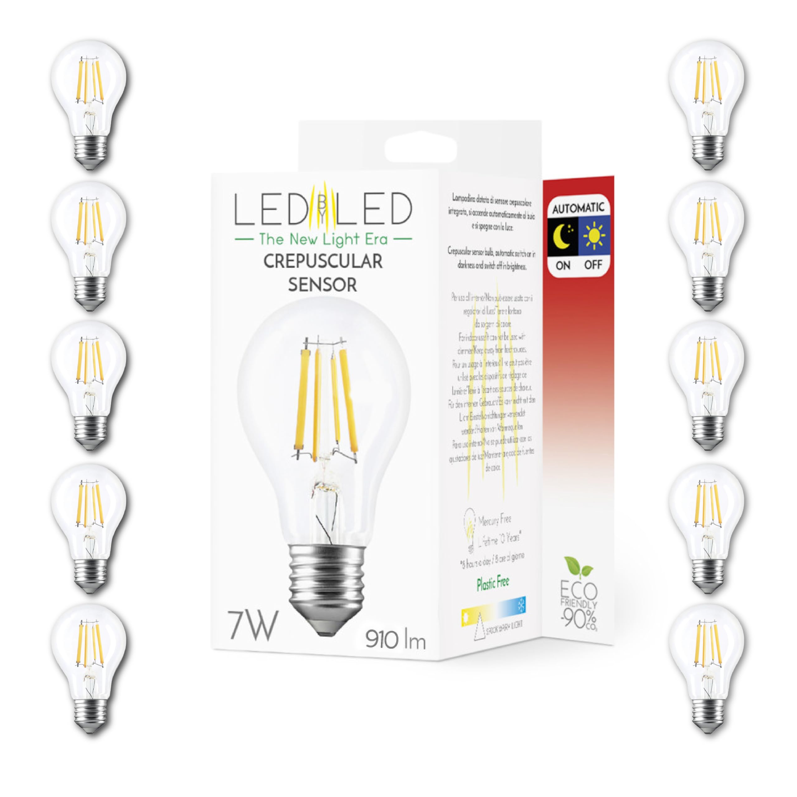 Smart Goccia A60 7W Glühbirne, E27, transparentes Glas, Dämmerungssensor, 2700K warmes Licht, gerader LED-Glühfaden, 806 Lumen, 10er-Pack