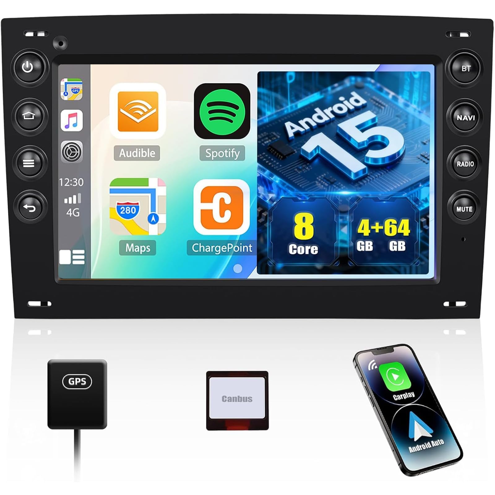 CAMECHO 4+64 GB Android 15 Radio samochodowe z CarPlay do Renault Mégane II (2002–2009) Double DIN 7″ ekran dotykowy GPS Bluetooth MirrorLink WiFi FM/RDS USB sterowanie kierownicą