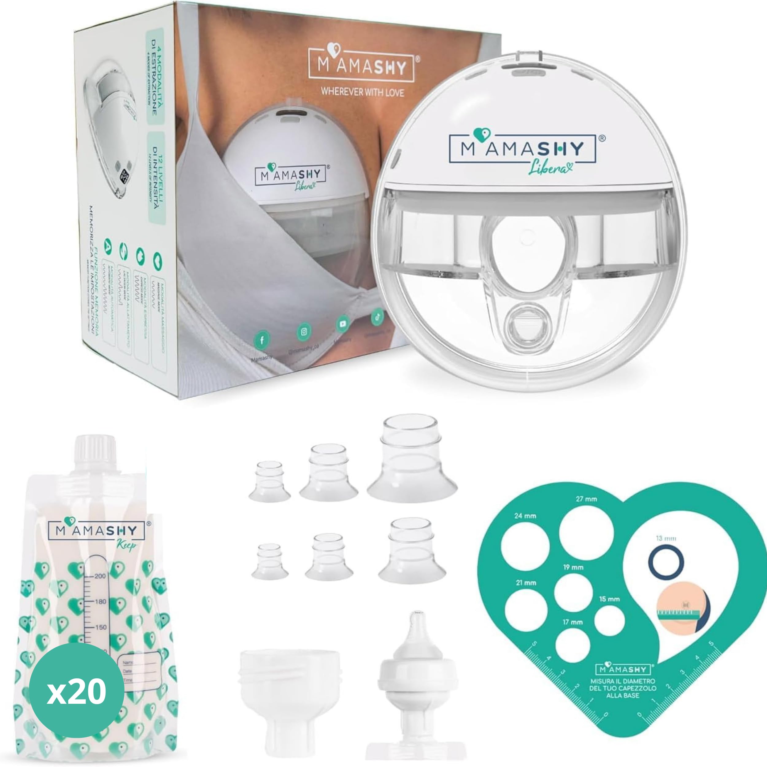 MAMASHY Libera Start – Tiralatte Elettrico Portatile e Silenzioso con 6 Taglie, Ricaricabile USB‑C, 5 Adattatori Silicone BPA‑Free, 20 Sacchetti Latte, Accessori Inclusi