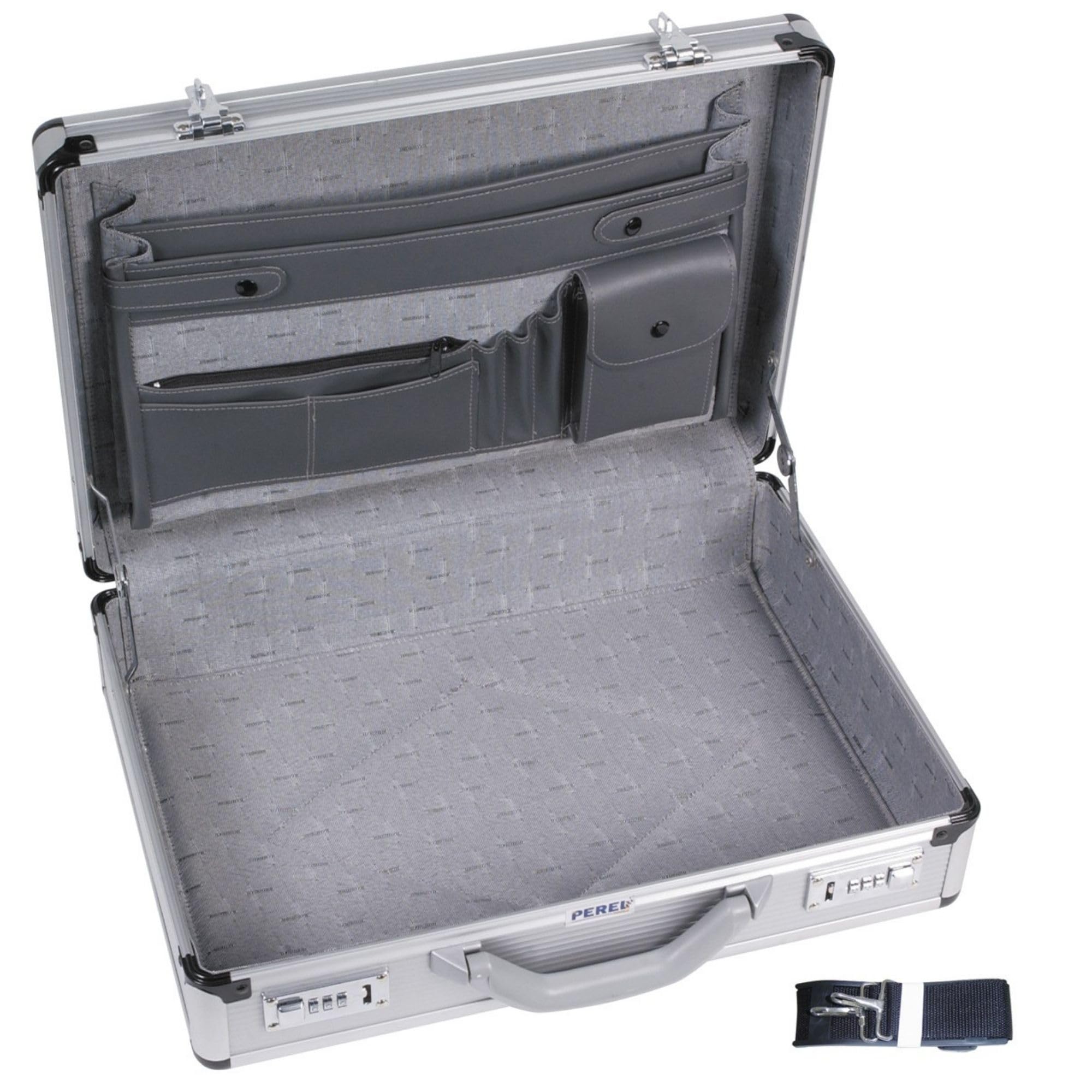 Perel Maletín para portátil y documentos A4, con 2 cerraduras de combinación, correa para el hombro y esquinas reforzadas, perfecto para uso diario, robusto, de aluminio, gris, 460 x 335 x 110 mm