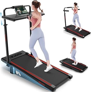 ANCHEER Treadmill with Desk Workstation& Adjustable Height, Folding Treadmill with 8% Incline,2.5HP Walking Pad for Home, 300lbs Weight Capacity/Ultra-Quiet/3 Type ControlRed