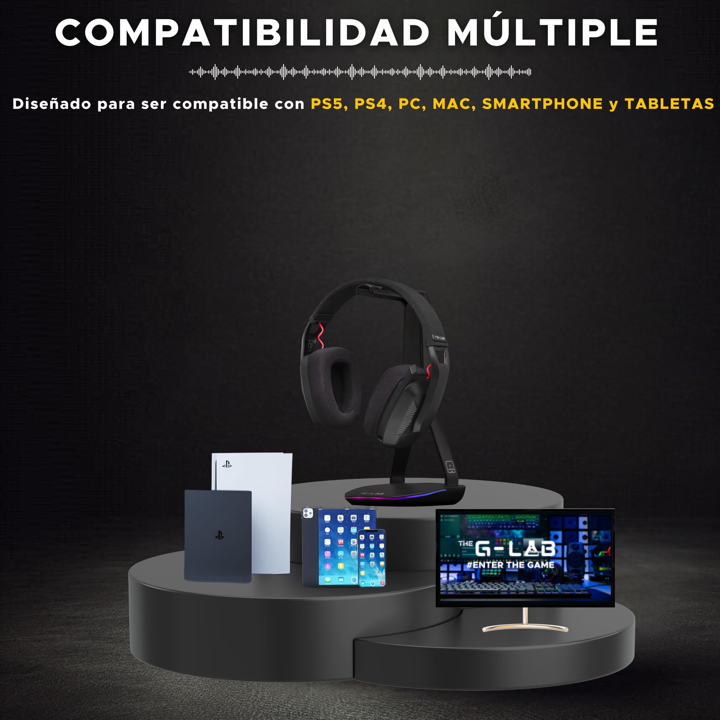 The G-Lab - Korp Platinium - Cascos Gaming inalambricos PC/PS4/PS5 - Auriculares Gaming Triple Modo Bluetooth/2.4Ghz/con Cable - Audio Estéreo, Baja Latencia, Duración 45h – Nuevo