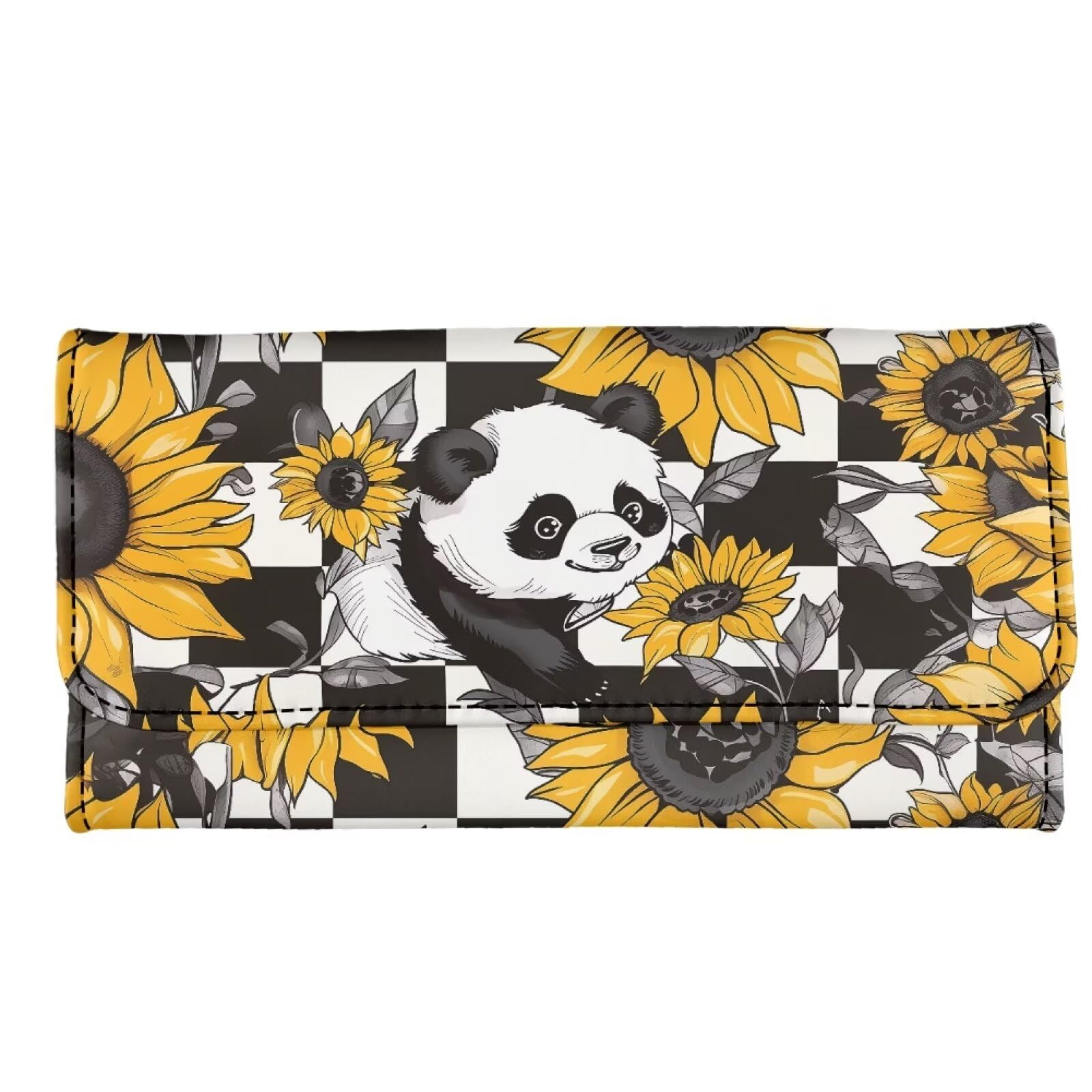 Howilath Sunflower Kawaii Panda Sunflower Print Women Clutch Long Pu Leather Trifold Wallet Large Purse with Coin Pocket Credit Card Holder Organizer