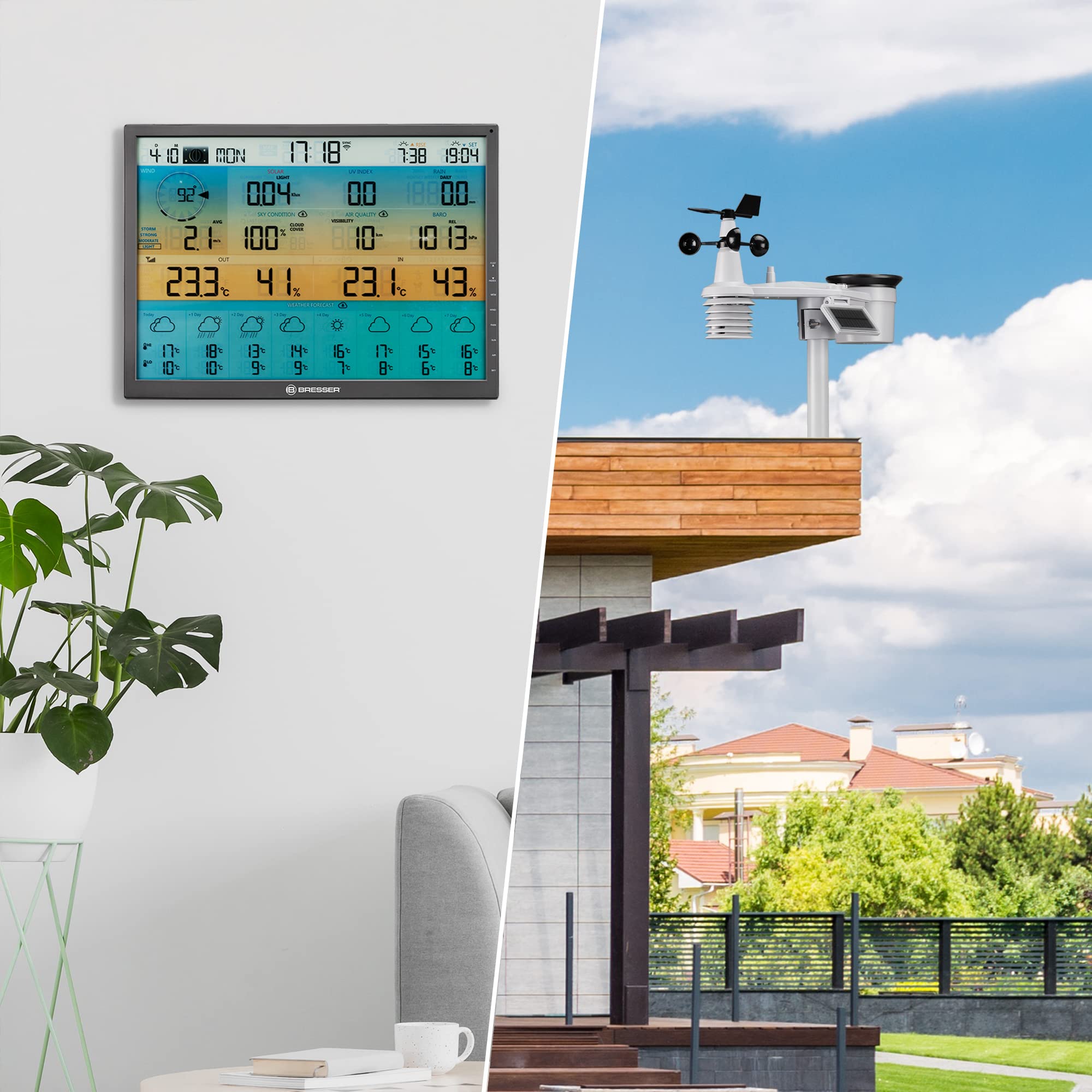 Bresser WLAN 8 Stazione meteorologica 7-in-1 giorni 4CAST XL ad energia solare | Temperatura interna ed esterna, umidità, pluviometro, anemometro, previsioni 8 giorni, app, UV e intensità luminosa