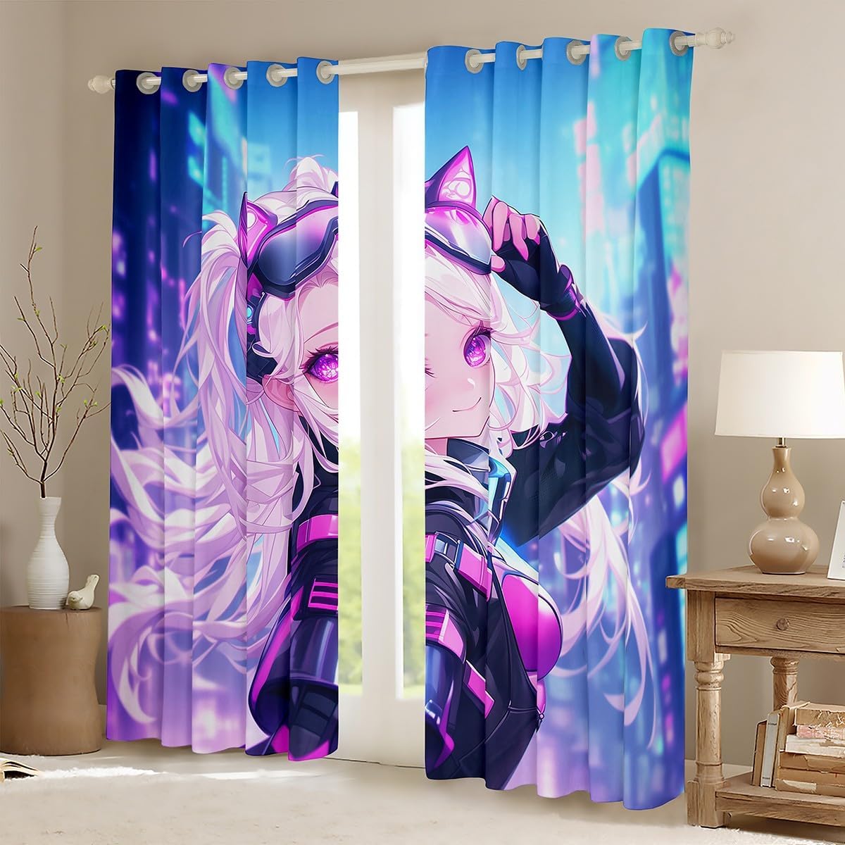 Erosebridal Japanese Anime Window Treatments Drapes, Kawaii Anime Girl Blackout Curtains 38" Wx45 L Cartoon Girl Window Curtains 2 Panel Sets, Japanese Animation Sci Fi Style Decor for Living Room