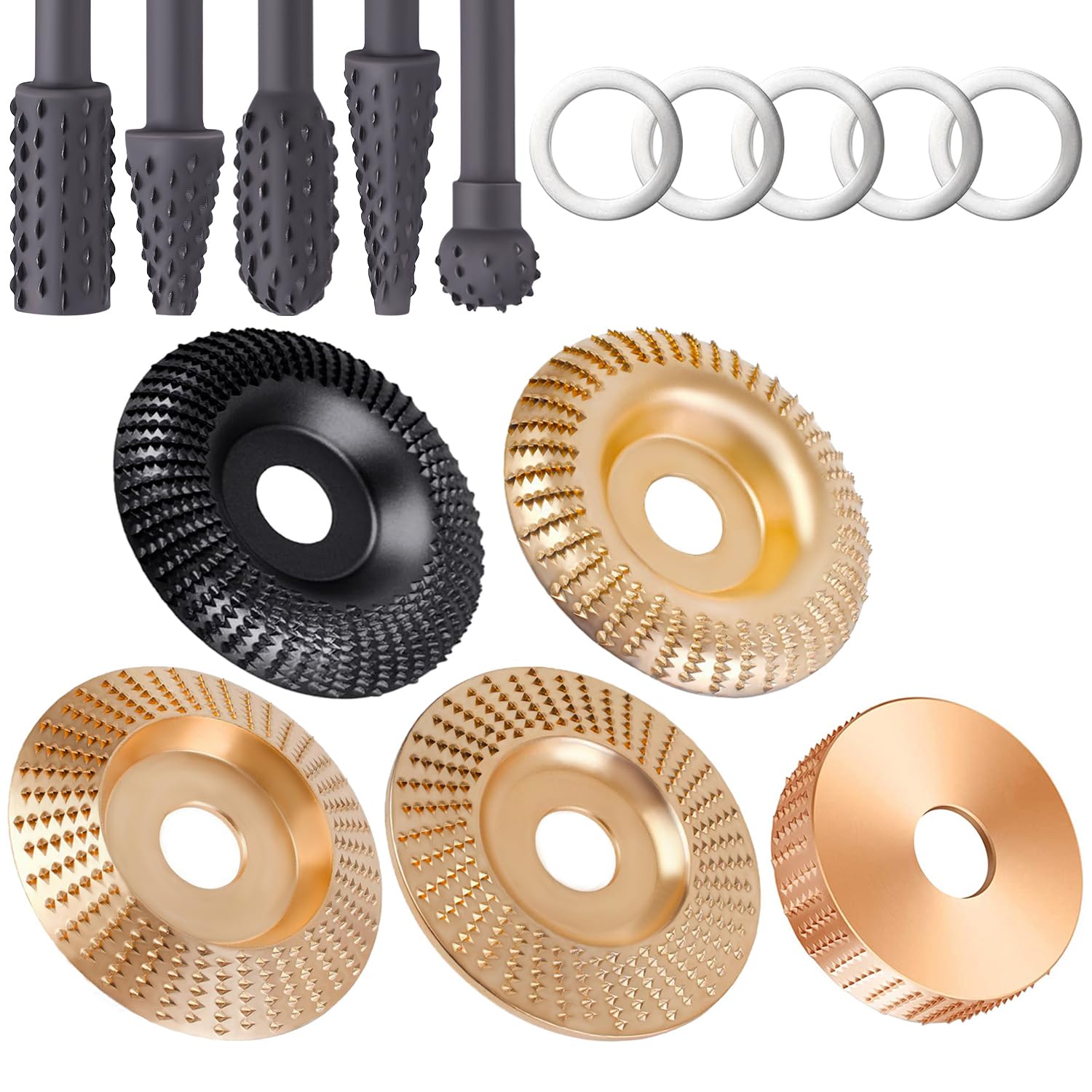 5PCS Wood Carving Disc Set+5PCS Rotary Burr Rasp Set,4" or 4 1/2" Angle Grinder with 7/8" Arbor,Grinding Wheel Shaping Discs for Wood Grinding,Wood Angle Grinder Accessories (15PCS)