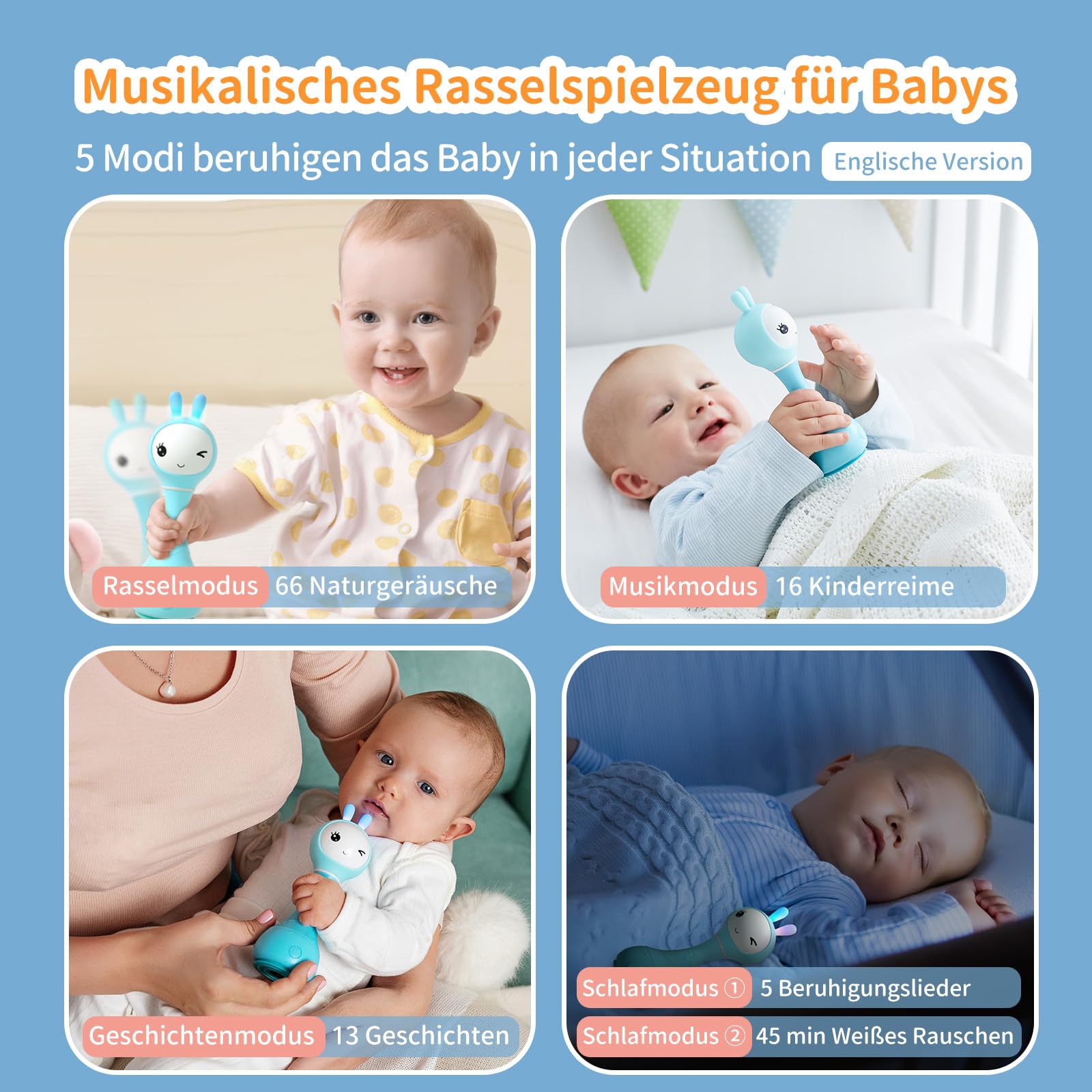 alilo Smarty Bunny Baby Rasseln, Montessori Spielzeug ab 0 3 6 12 18 24 Monate, Musikalisches Babyspielzeug mit Farberkennung, 66 Naturgeräusche & Einschlafhilfe, Baby Geschenke (Englische Version)